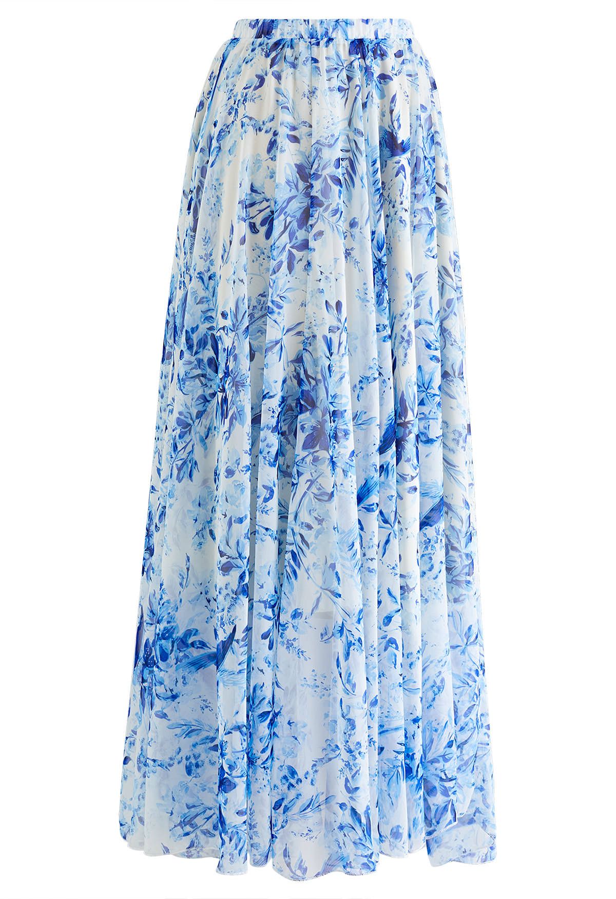 Summer Forest Printed Chiffon Maxi Skirt in Blue - Retro, Indie and ...
