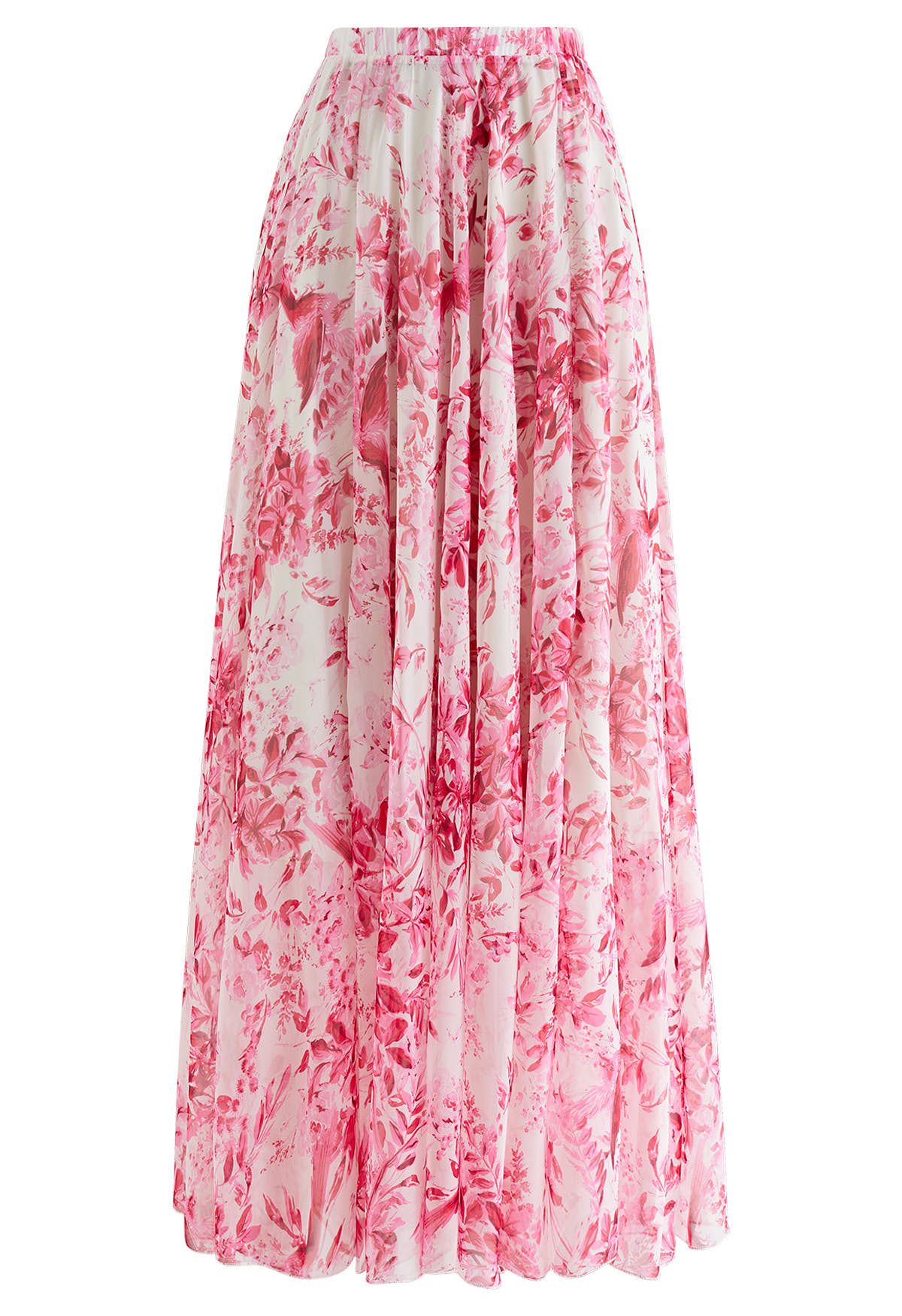 Summer Forest Printed Chiffon Maxi Skirt in Pink - Retro, Indie and ...