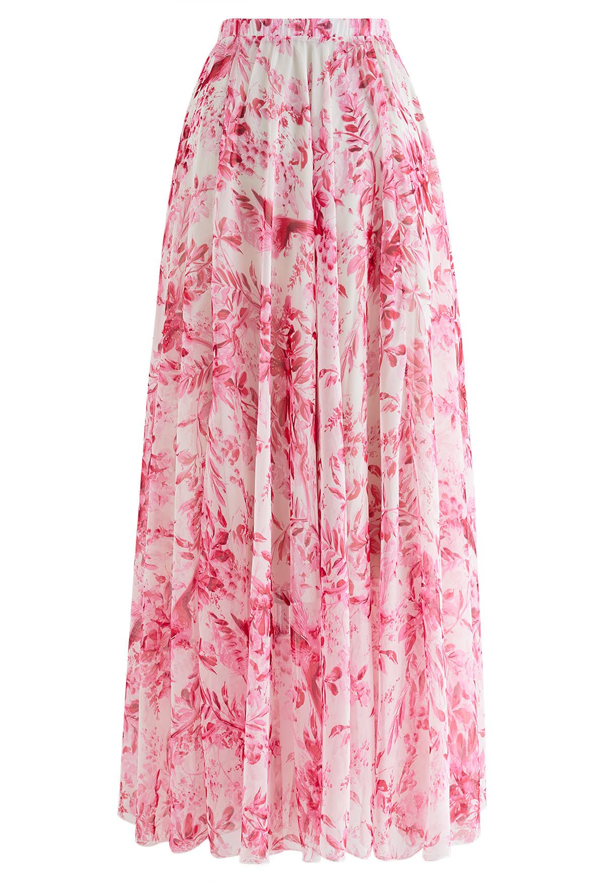 Summer Forest Printed Chiffon Maxi Skirt in Pink - Retro, Indie and ...