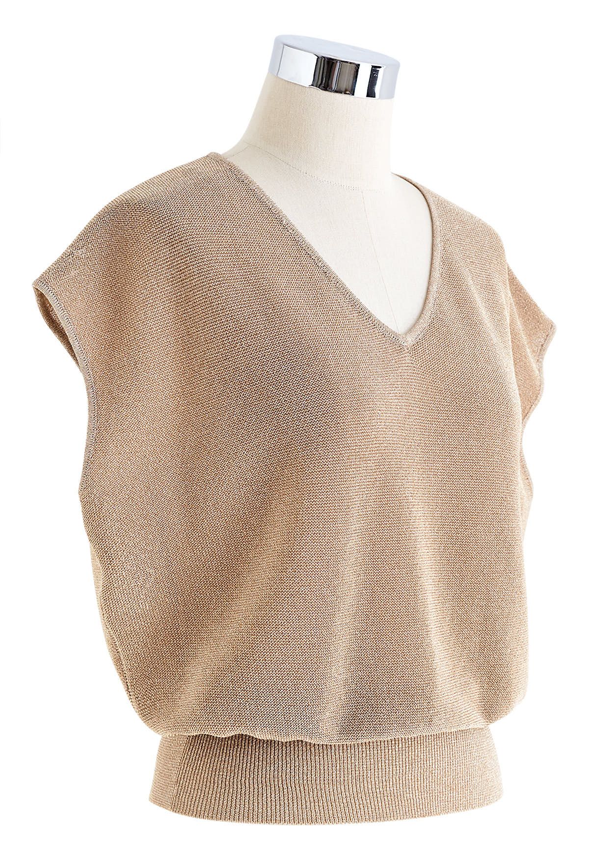 Glimmer Knit V-Neck Sleeveless Top in Light Tan