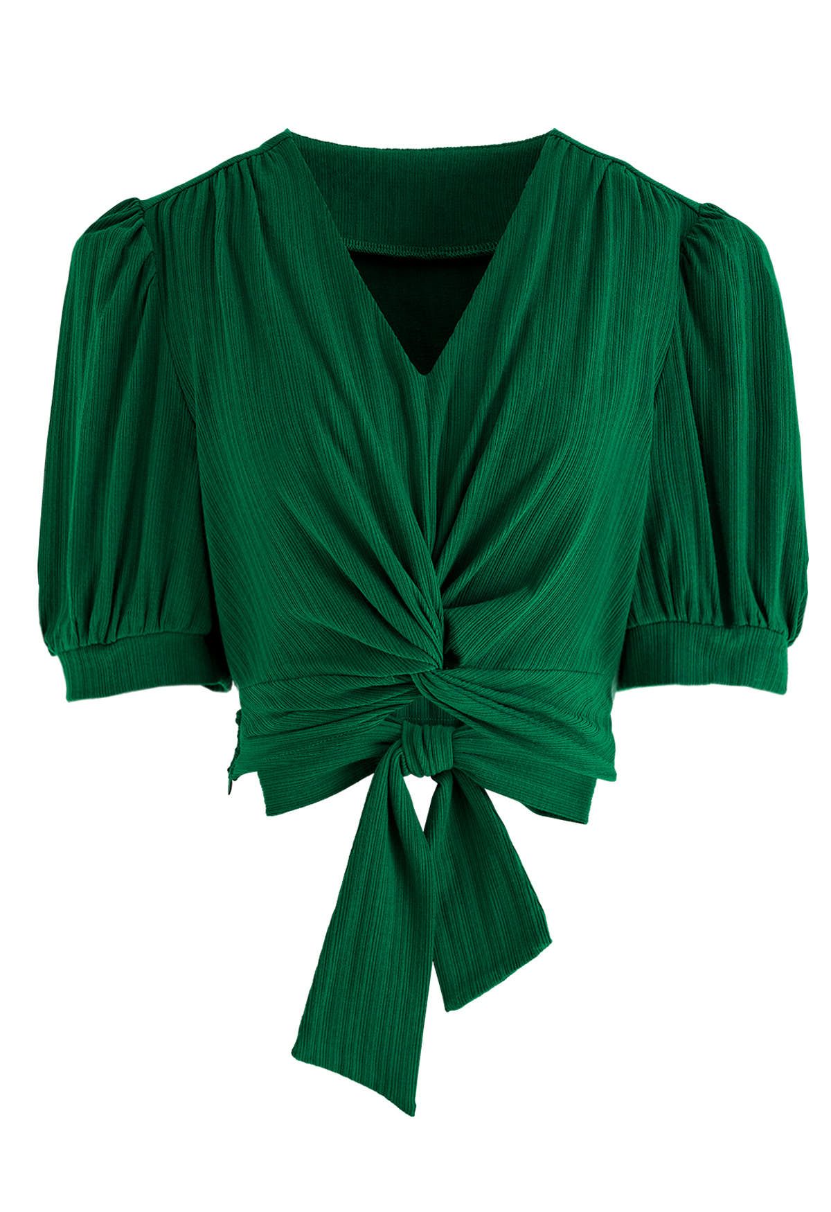 Twisted V-Neck Tie-Bow Crop Top in Green