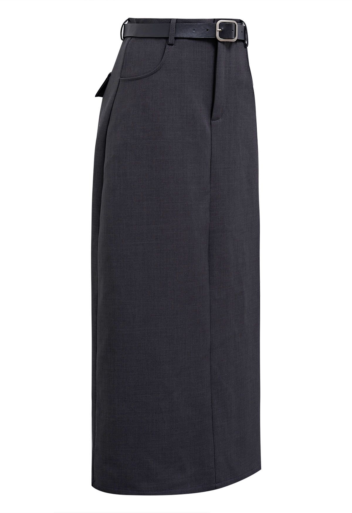 Slit Back Belted Maxi Skirt in Smoke - Retro, Indie and Unique Fashion