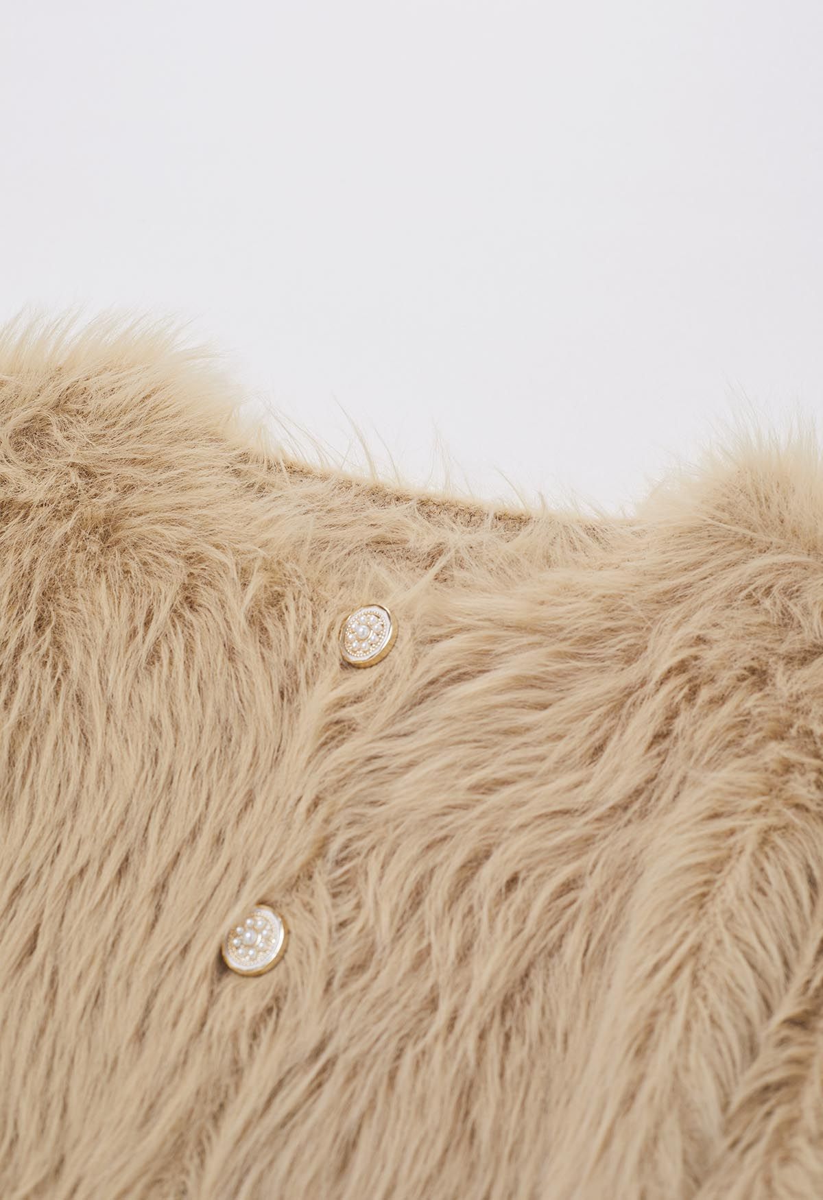 Delicate Button Trim Faux Fur Knit Coat in Camel