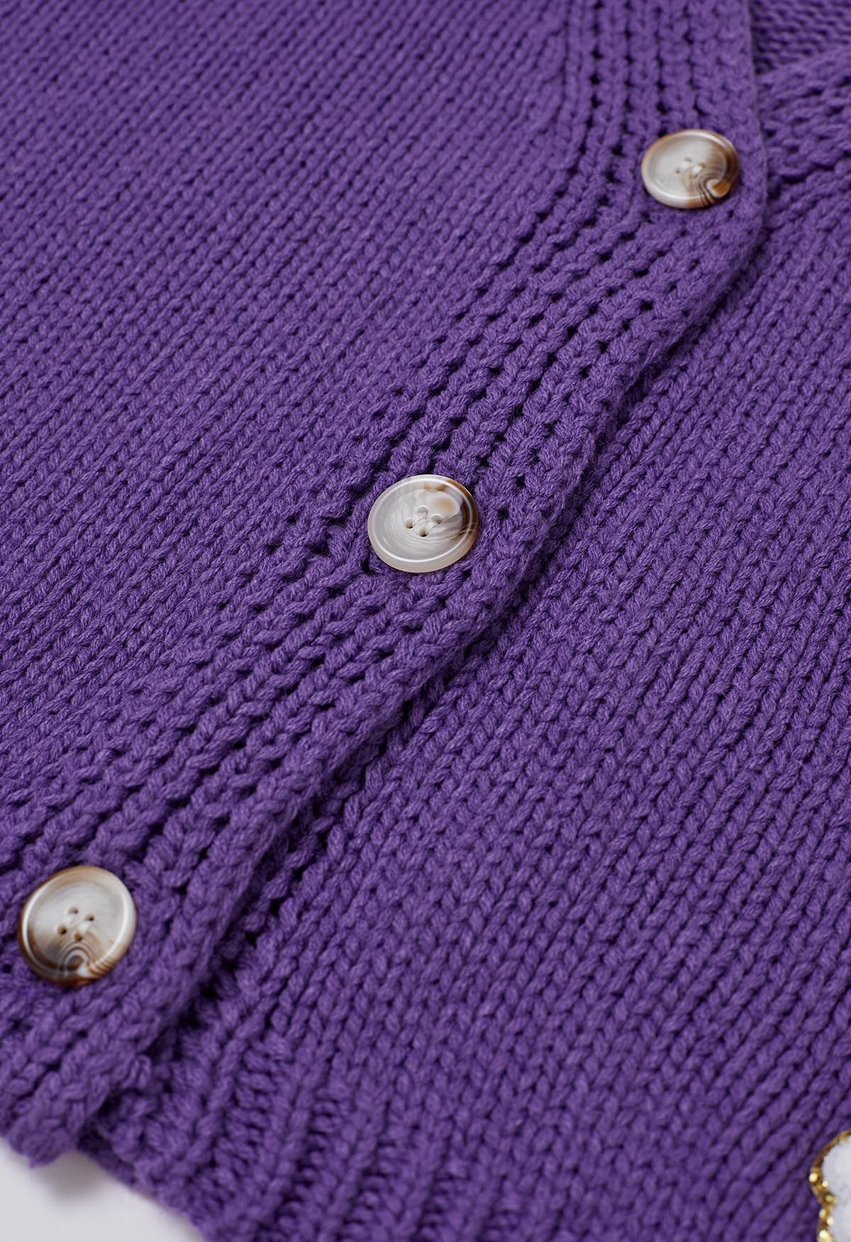 Halloween Ghost Patch Buttoned Knit Cardigan in Purple