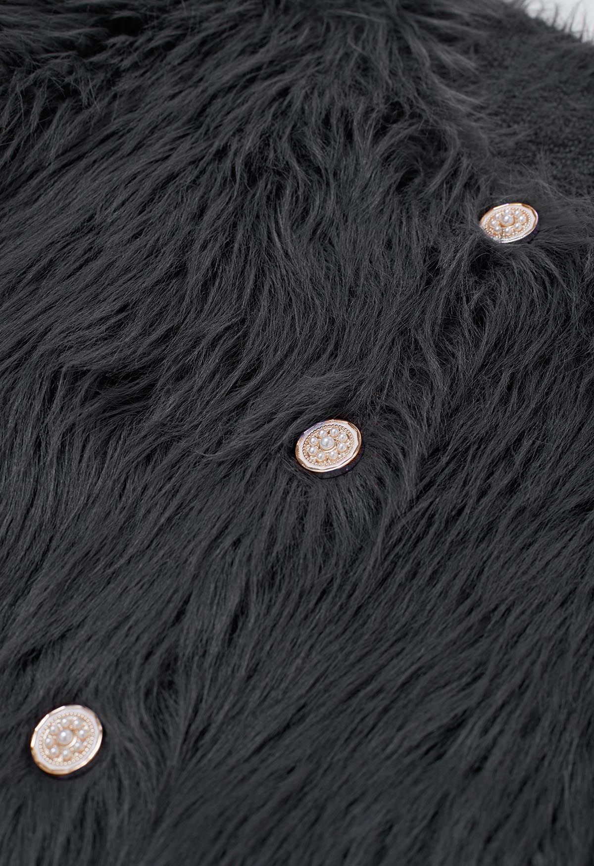 Delicate Button Trim Faux Fur Knit Coat in Smoke