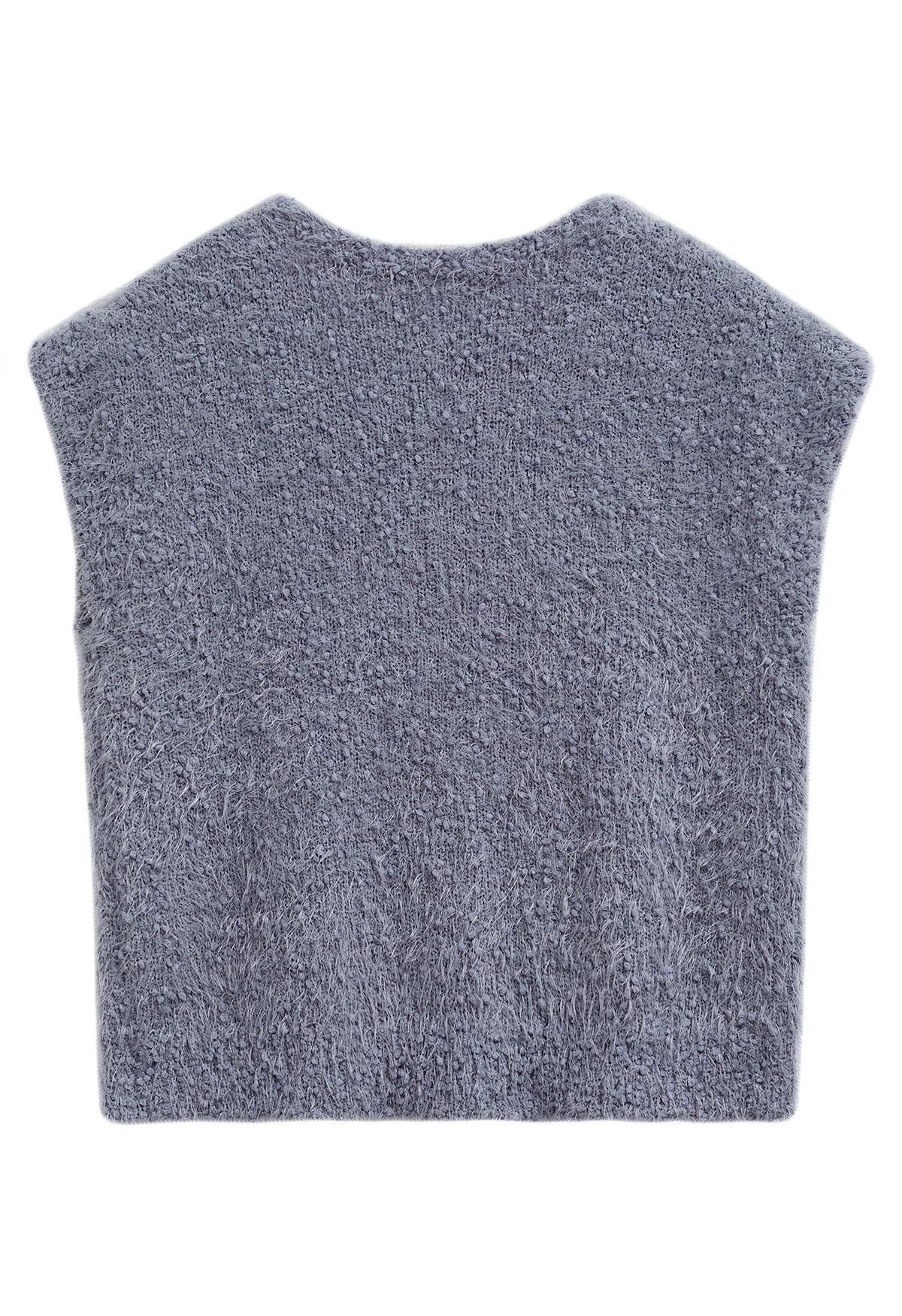 Fuzzy Dotted Sleeveless Knit Sweater in Dusty Blue
