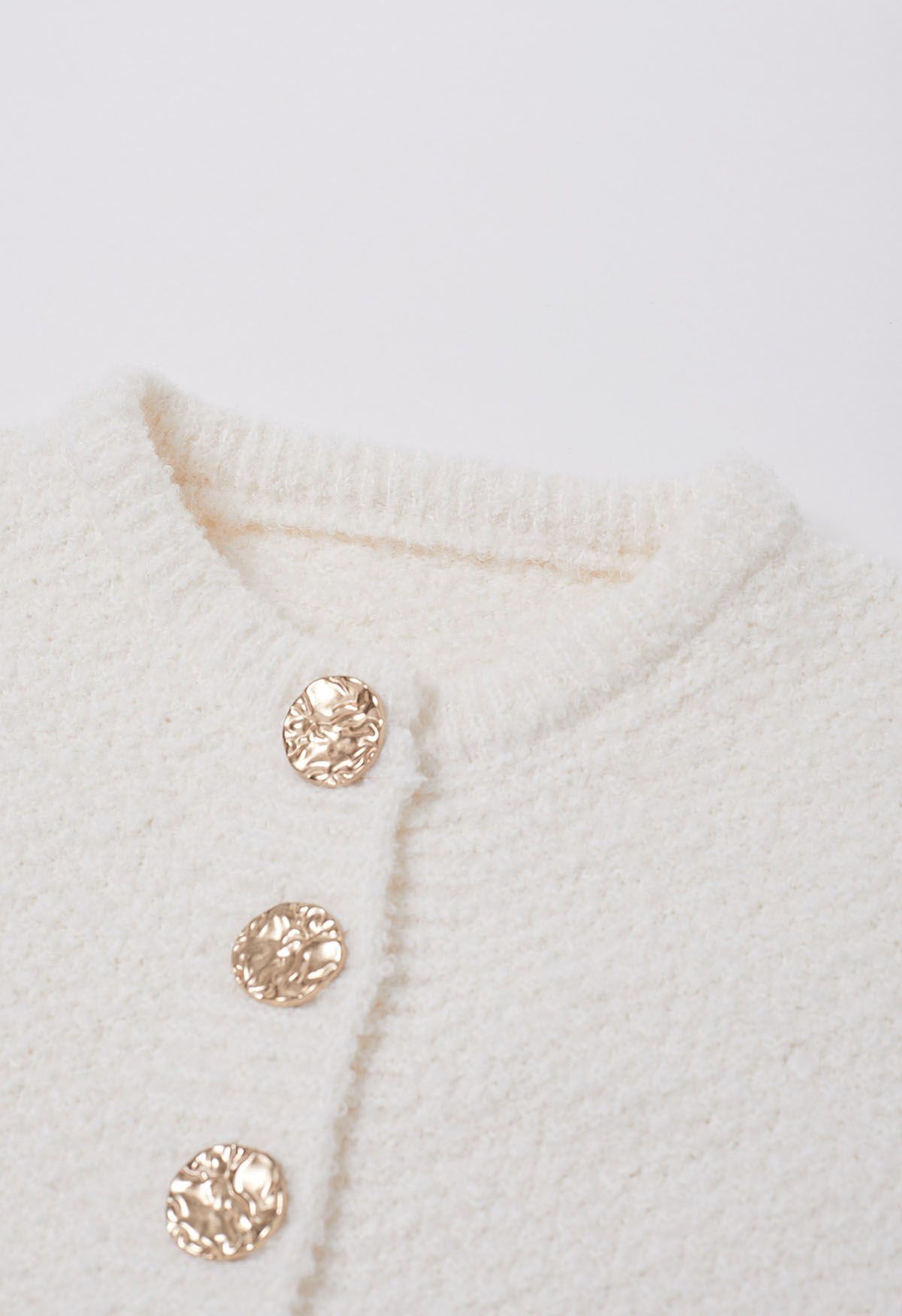 Golden Button Front Crop Knit Cardigan in Cream - Retro, Indie and ...