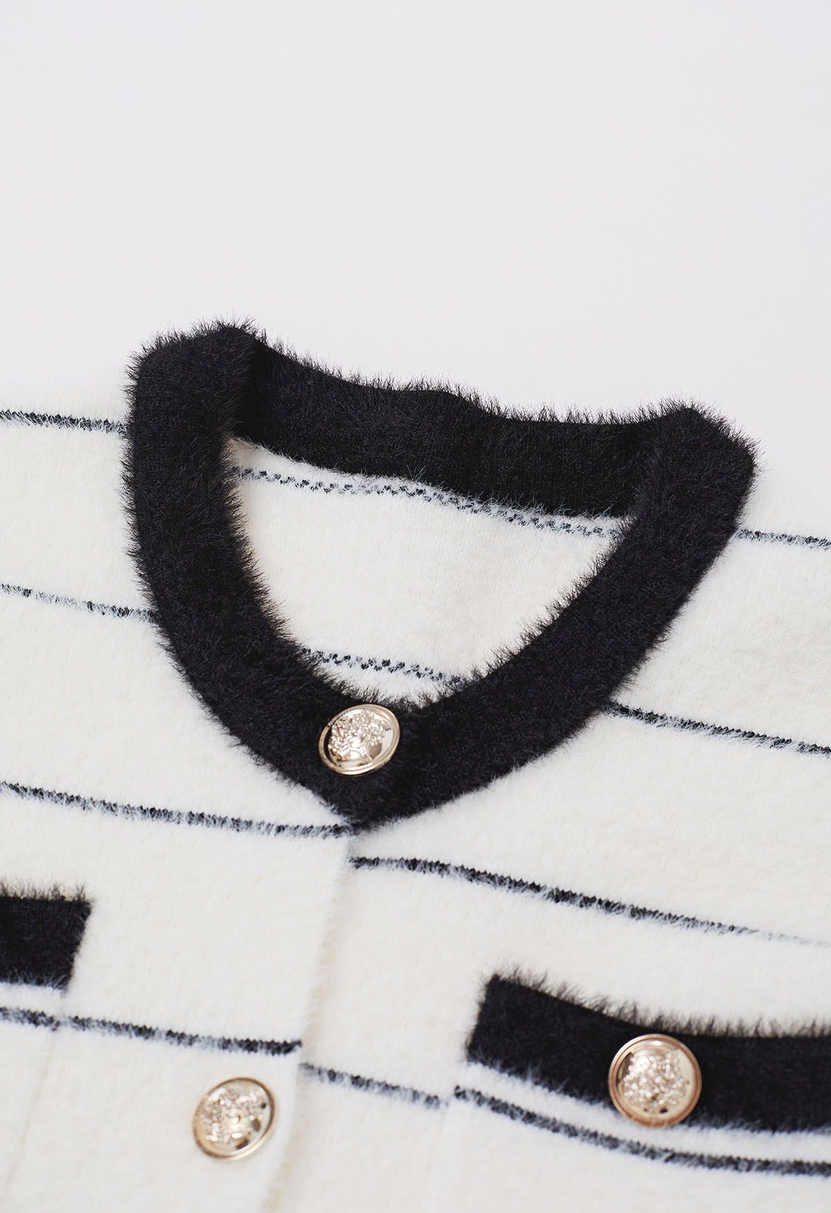 Contrast Striped Patch Pocket Fuzzy Knit Cardigan in White - Retro ...