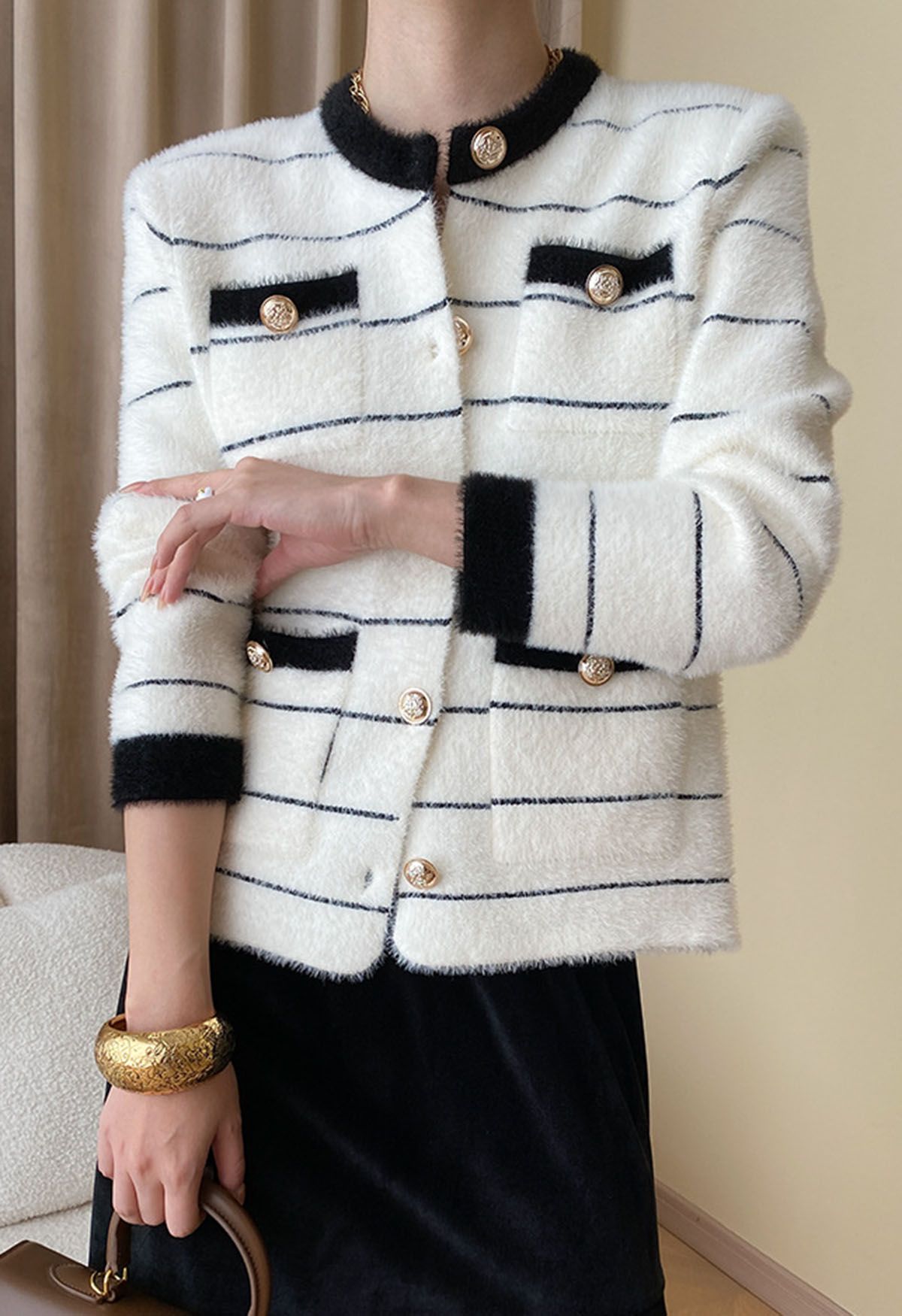 Contrast Striped Patch Pocket Fuzzy Knit Cardigan in White - Retro, Indie  and Unique Fashion