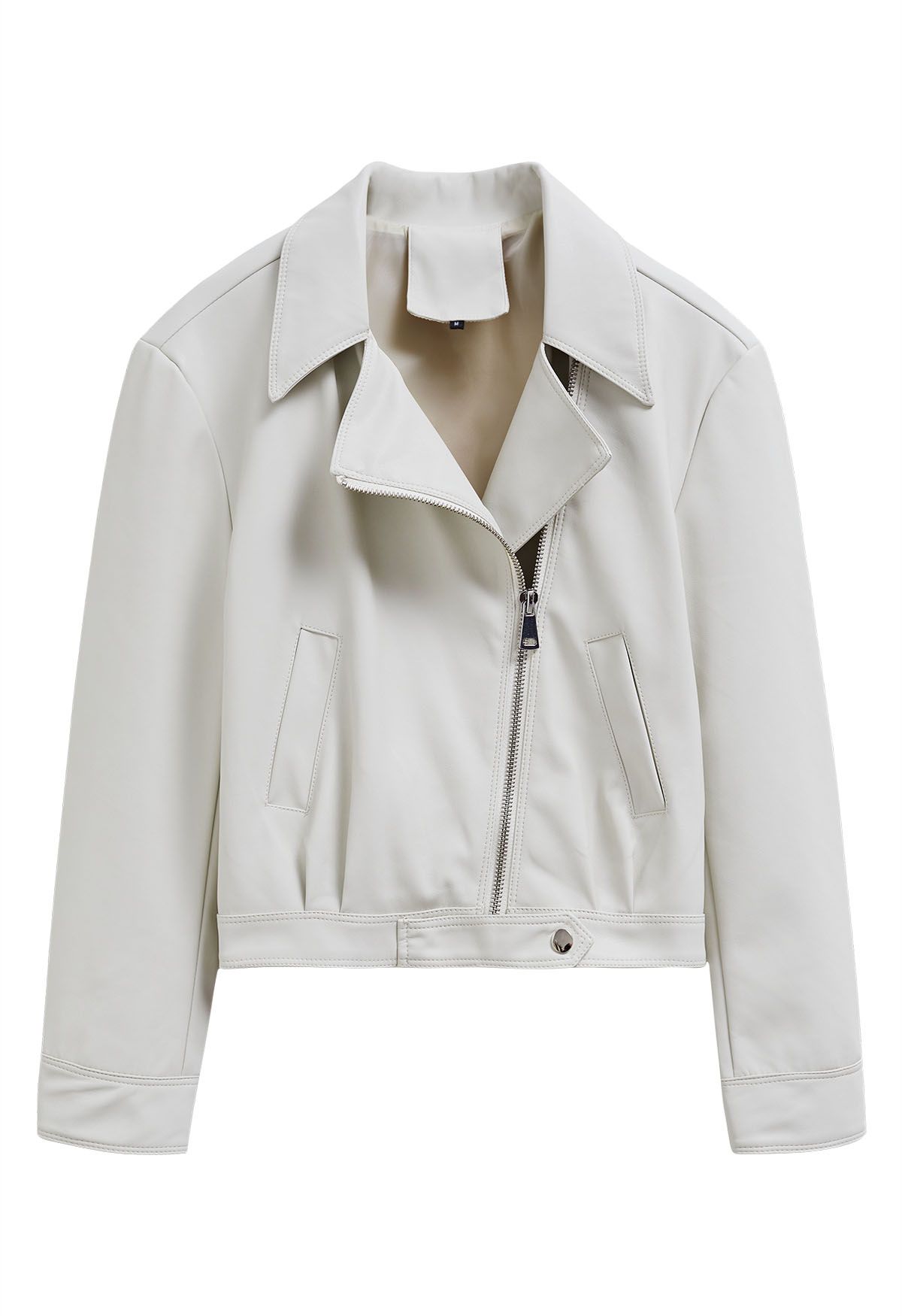 Diagonal Zip Up Faux Leather Jacket in Ivory