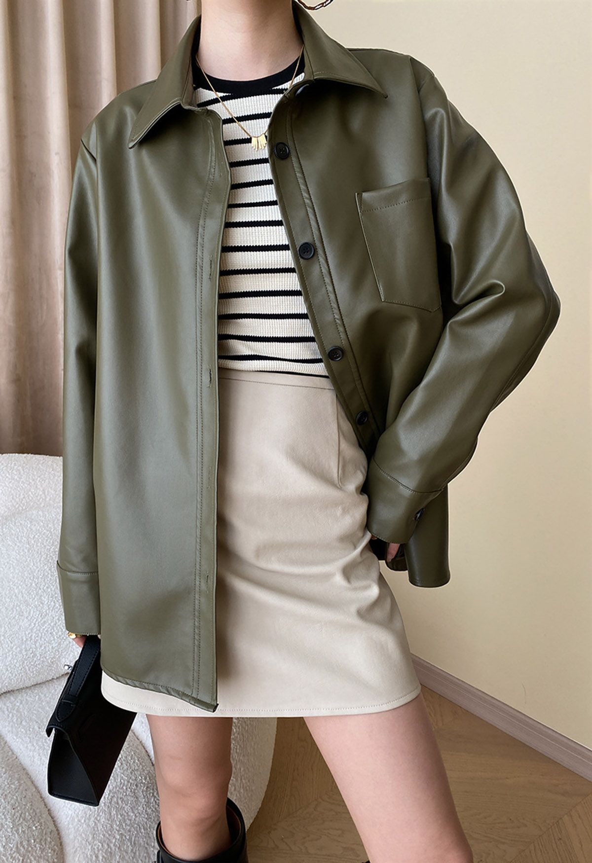 Casual Chic Faux Leather Shirt Jacket in Olive