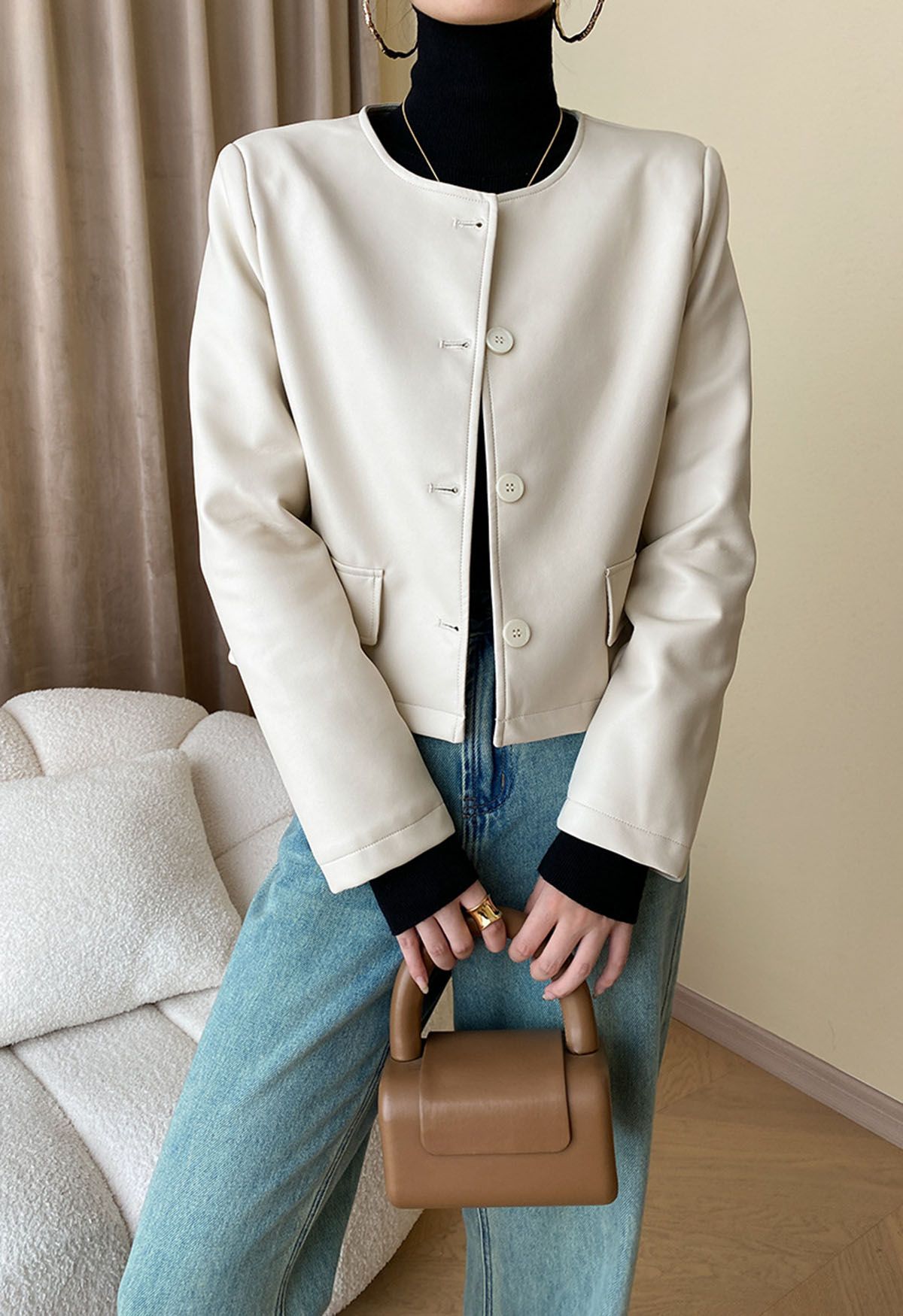 Faux Leather Buttoned Cropped Jacket in Cream