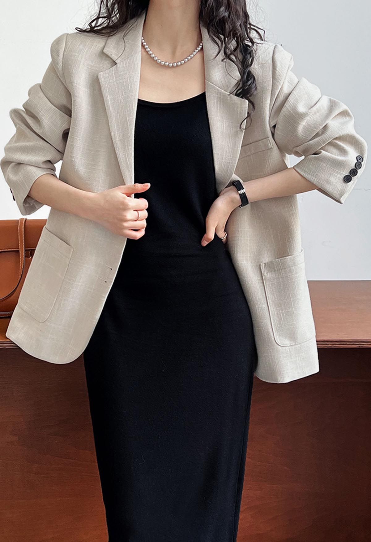 Patch Pocket Woven Texture Buttoned Blazer in Ivory