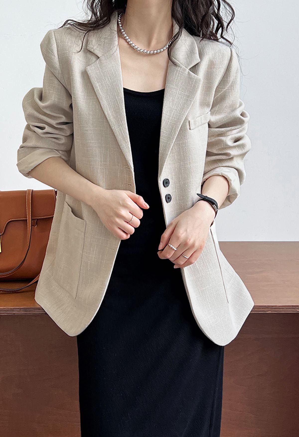 Patch Pocket Woven Texture Buttoned Blazer in Ivory - Retro, Indie and ...