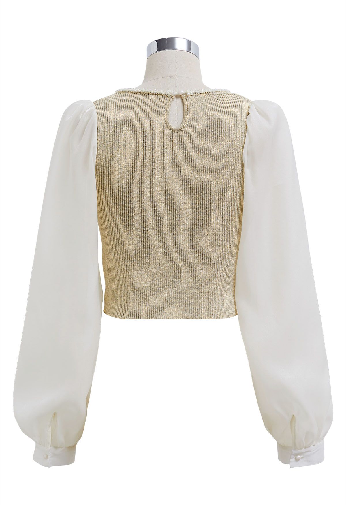 Beaded Square Neck Spliced Puff Sleeve Knit Top in Sand