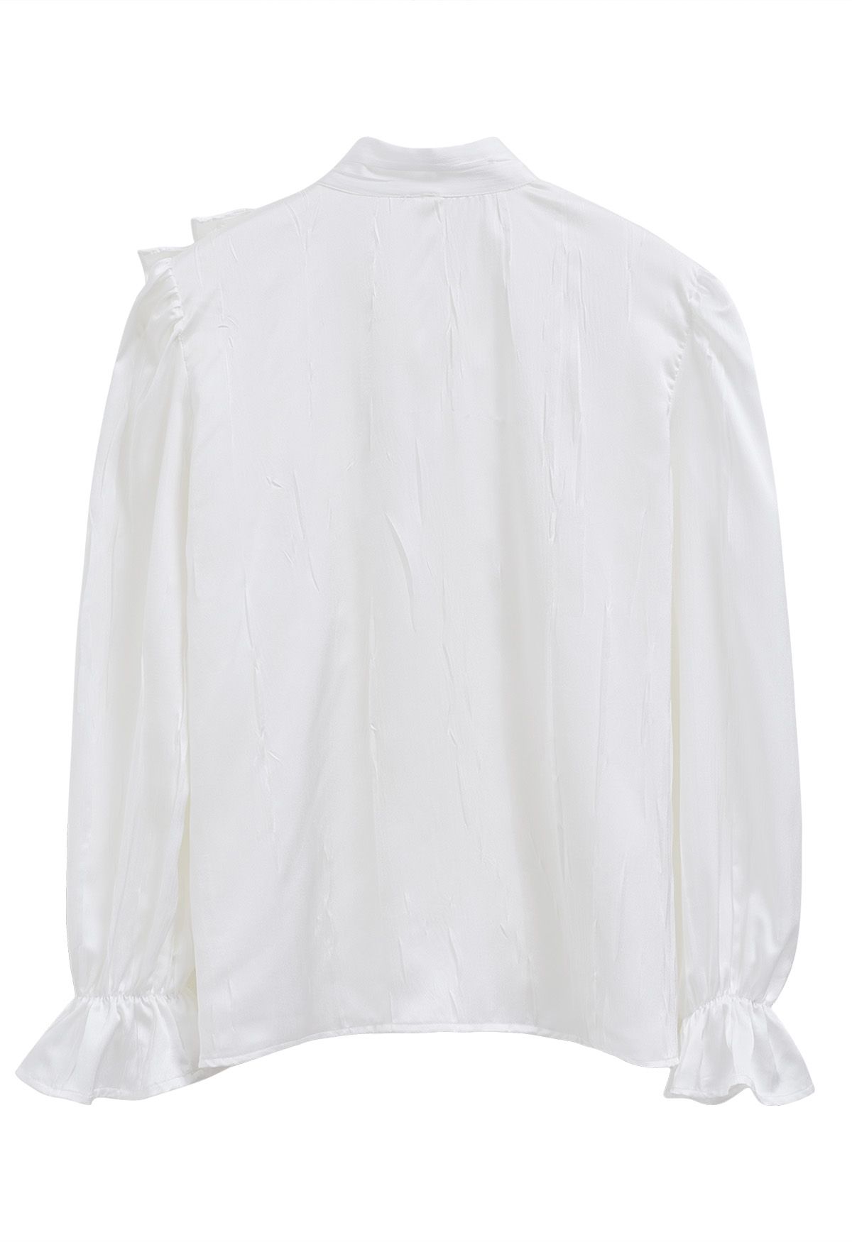 Tie-Neck Ruffle Trim Satin Shirt in White - Retro, Indie and Unique Fashion