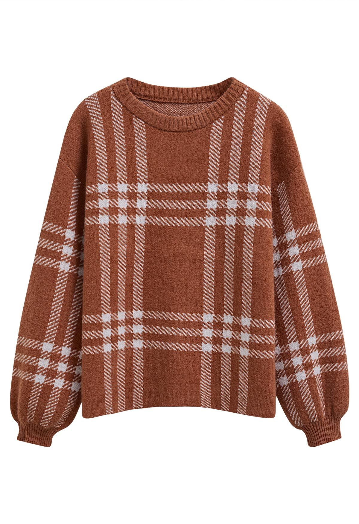 Classic Plaid Round Neck Knit Sweater in Caramel