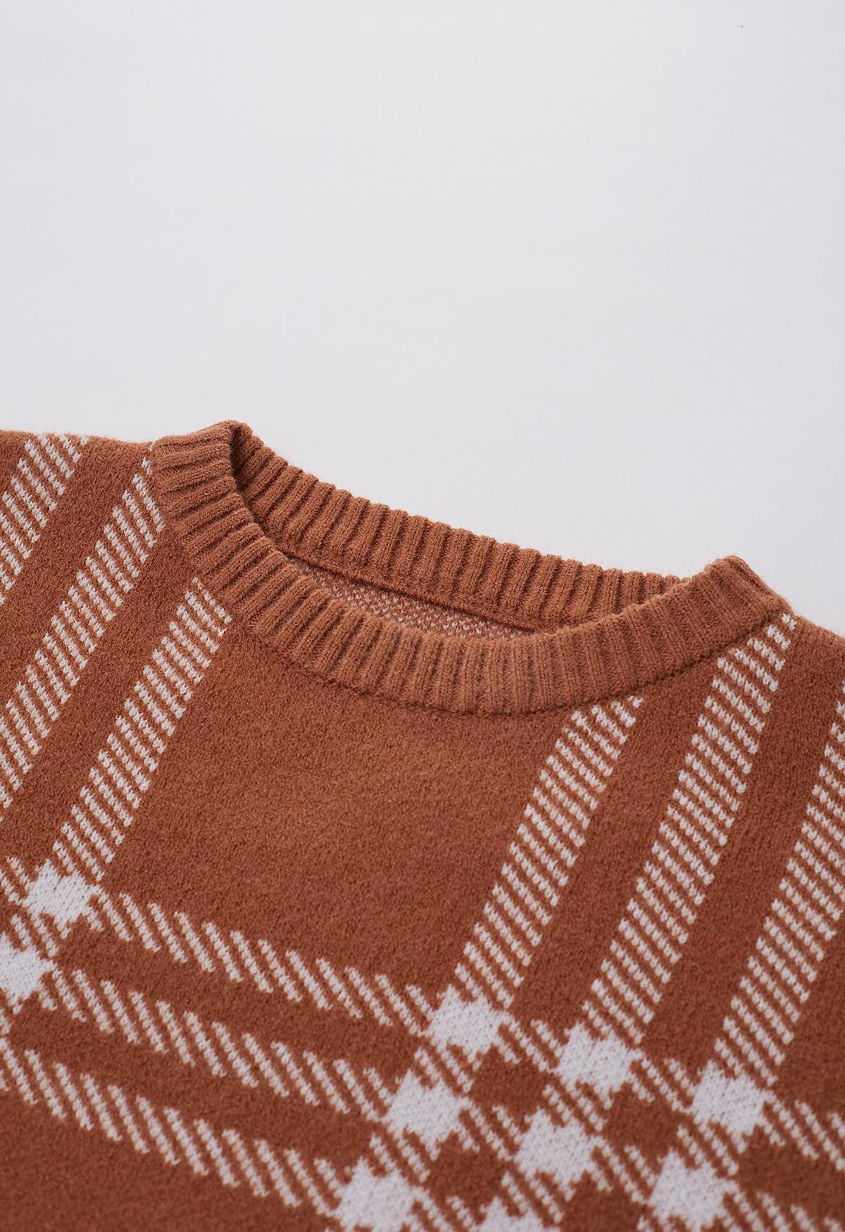 Classic Plaid Round Neck Knit Sweater in Caramel
