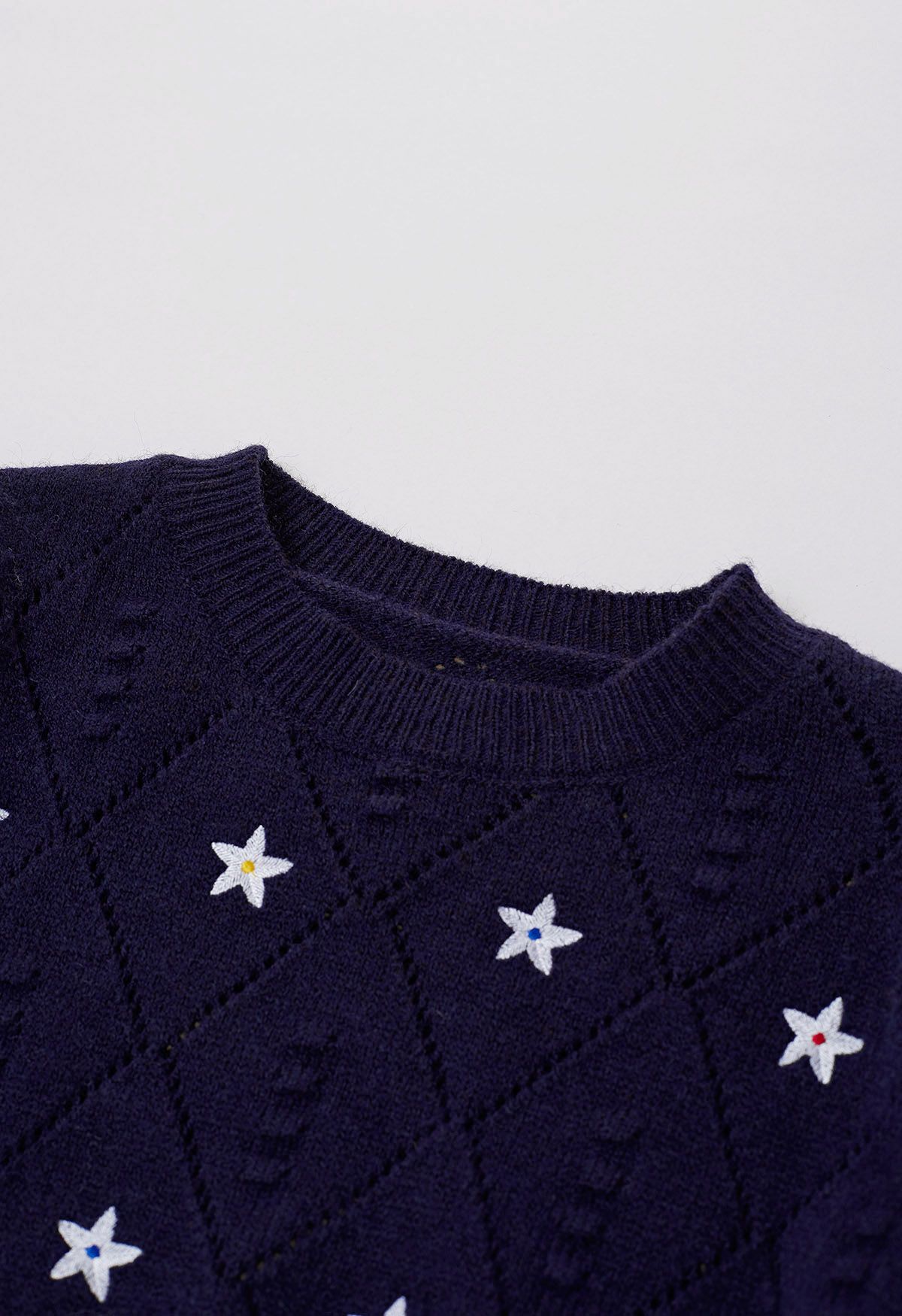 Star Embroidery Pointelle Knit Top in Navy