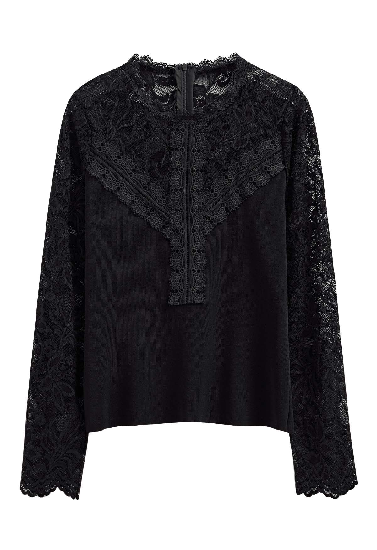 Ethereal Floral Lace Spliced Knit Top in Black - Retro, Indie and ...
