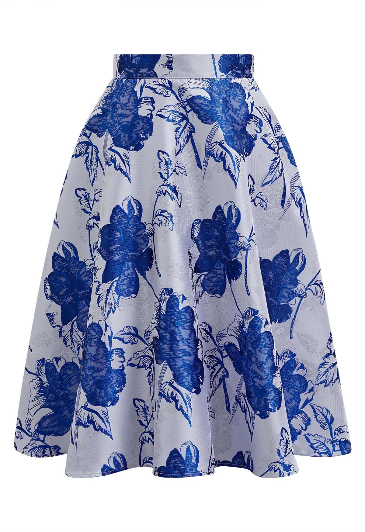 Blue Blossom Jacquard A-Line Midi Skirt - Retro, Indie and Unique Fashion
