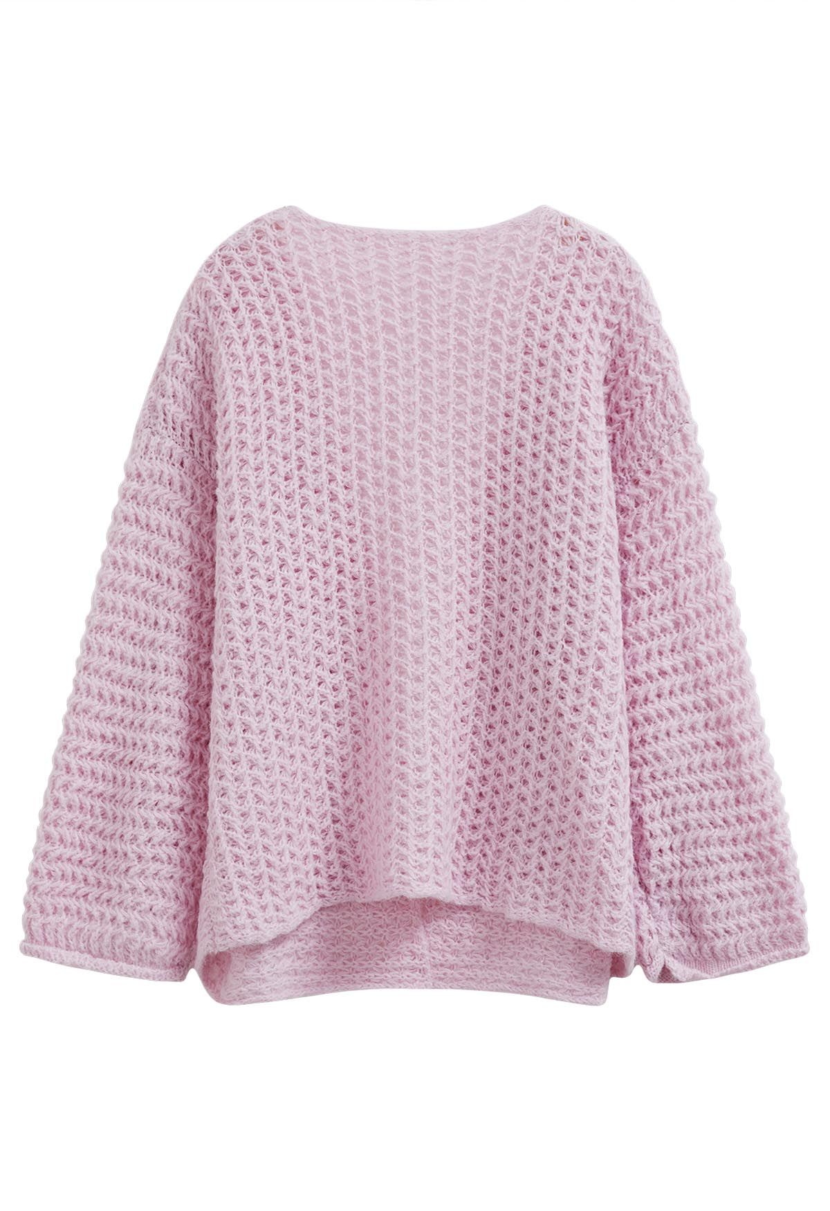 Open Front Hollow Out Knit Cardigan in Pink