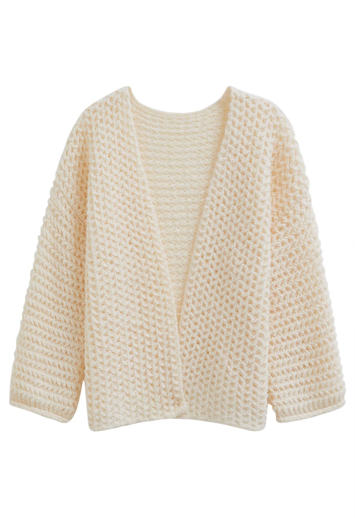 Open Front Hollow Out Knit Cardigan in Cream