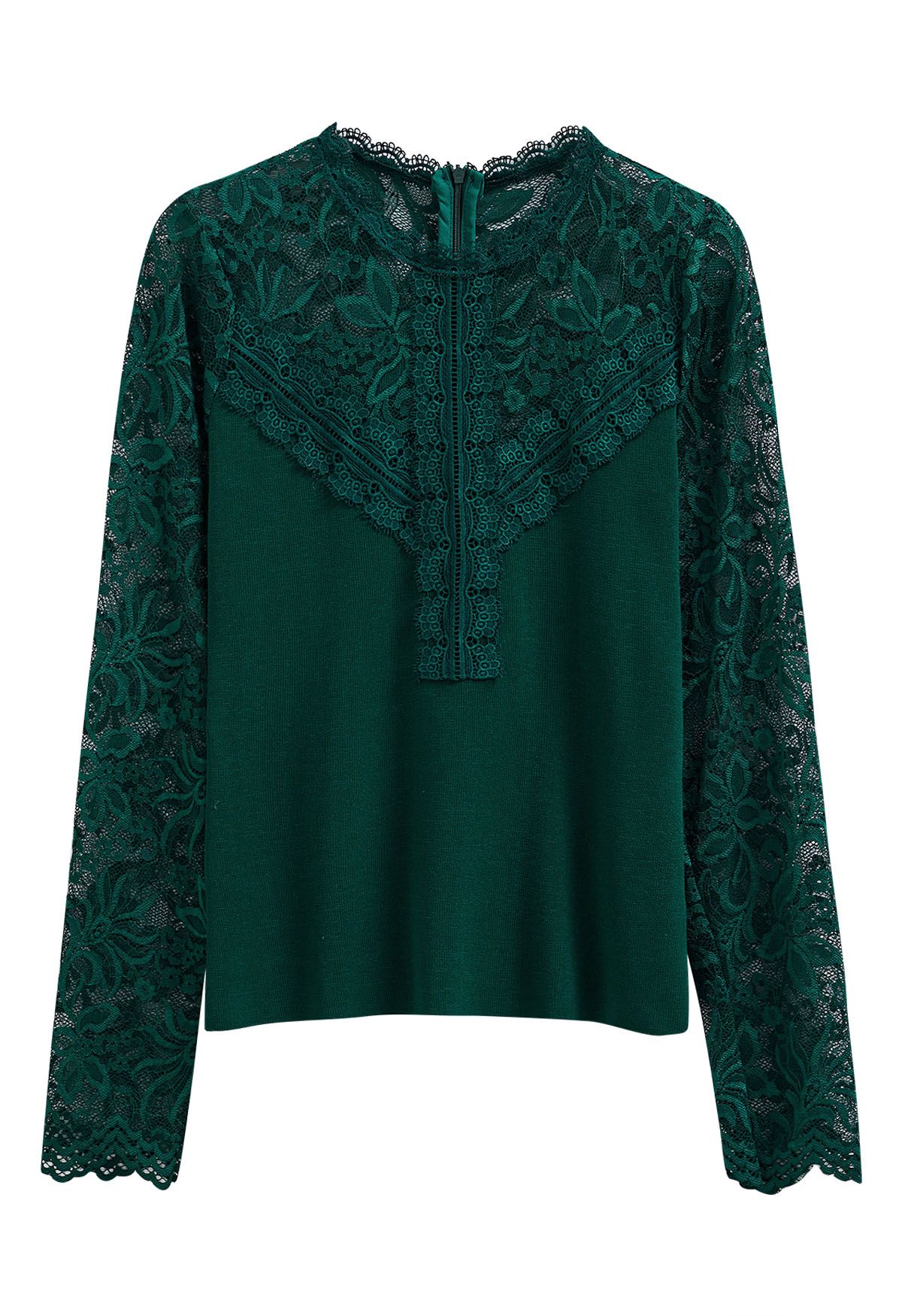 Ethereal Floral Lace Spliced Knit Top in Dark Green - Retro, Indie