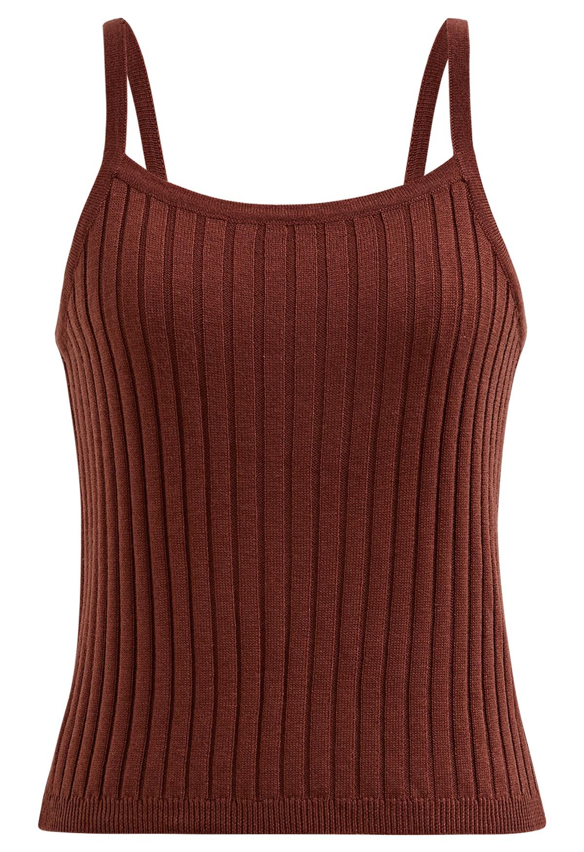 Solid Ribbed Knit Twinset Top in Rust Red