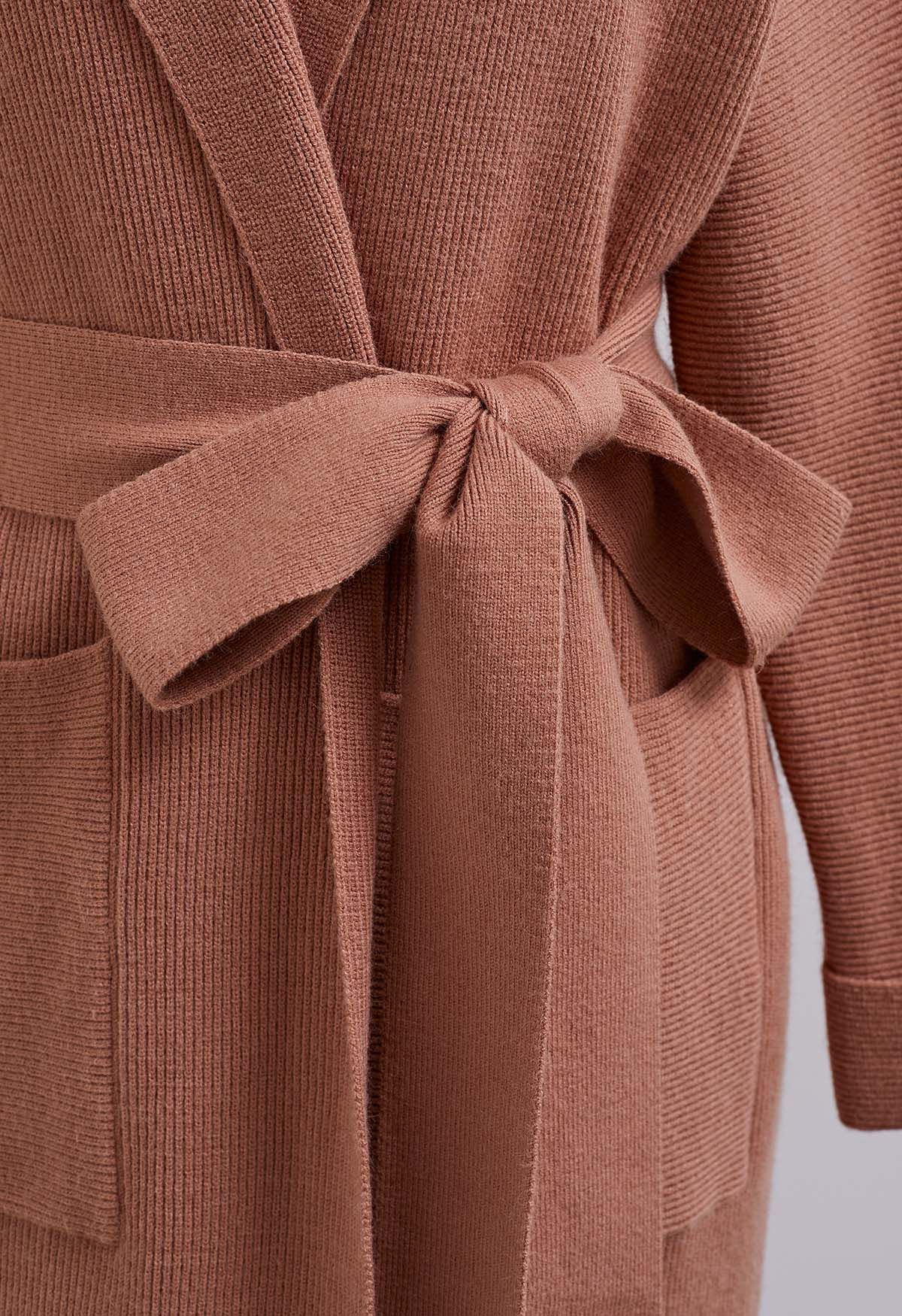 Notch Lapel Belted Longline Knit Cardigan in Rust