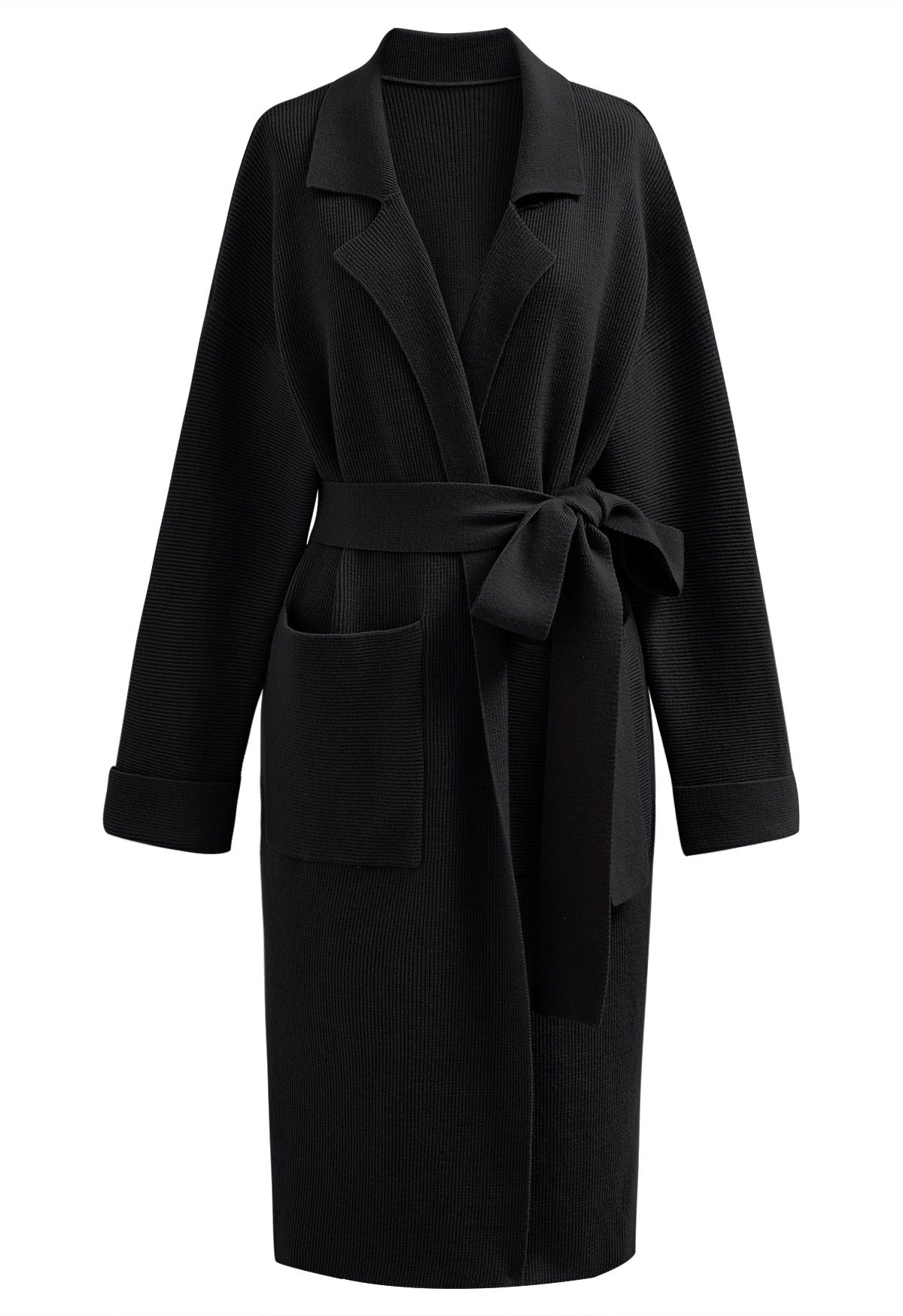 Notch Lapel Belted Longline Knit Cardigan in Black - Retro, Indie and ...