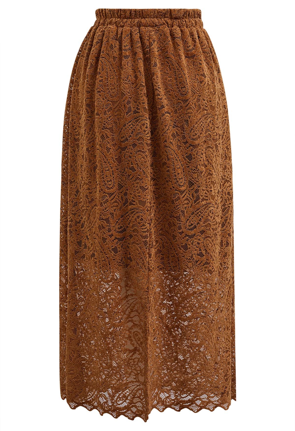 Intricate Cutwork Lace Midi Skirt in Pumpkin