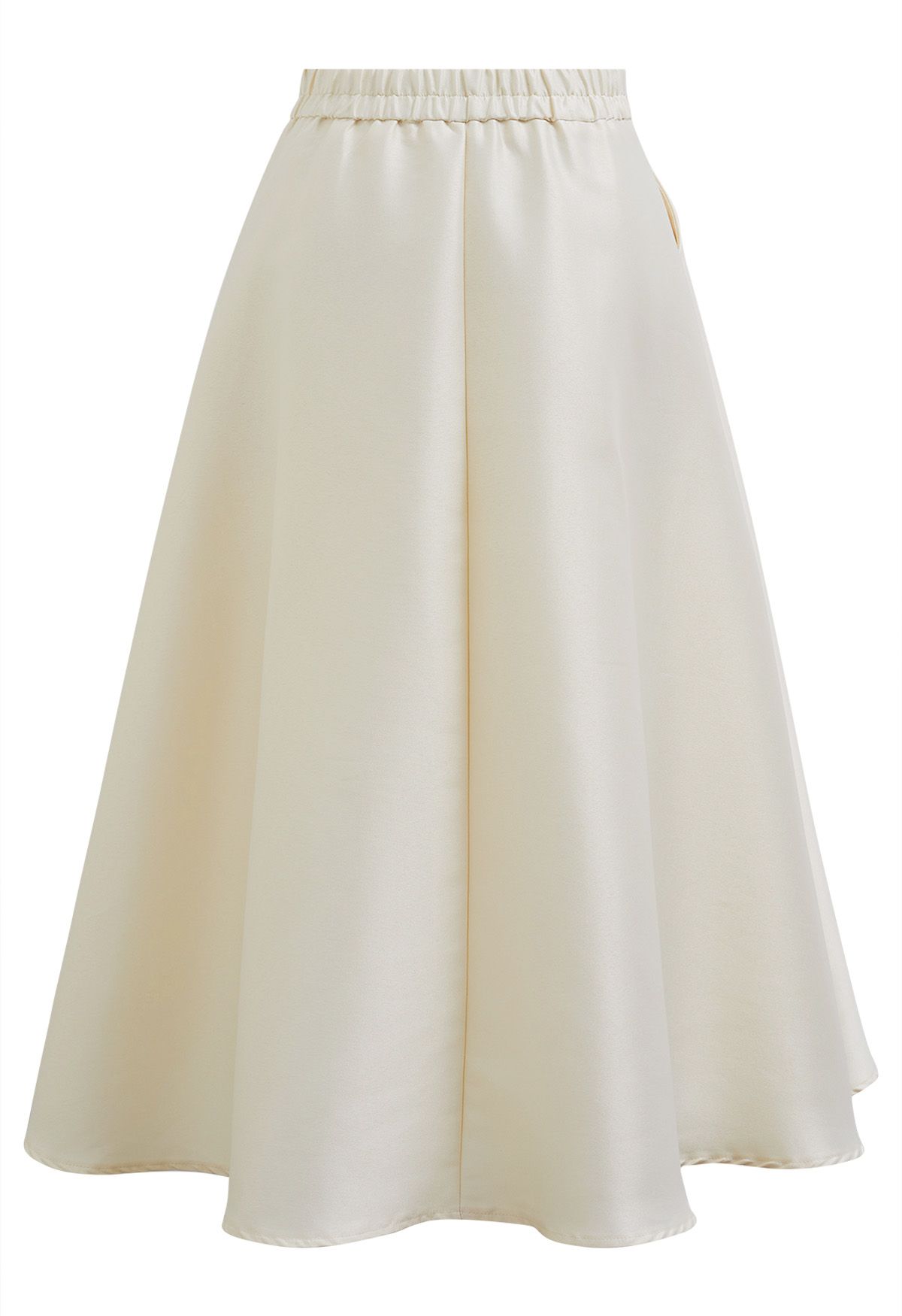 Sleek Side Pockets Pleated A-Line Midi Skirt in Cream