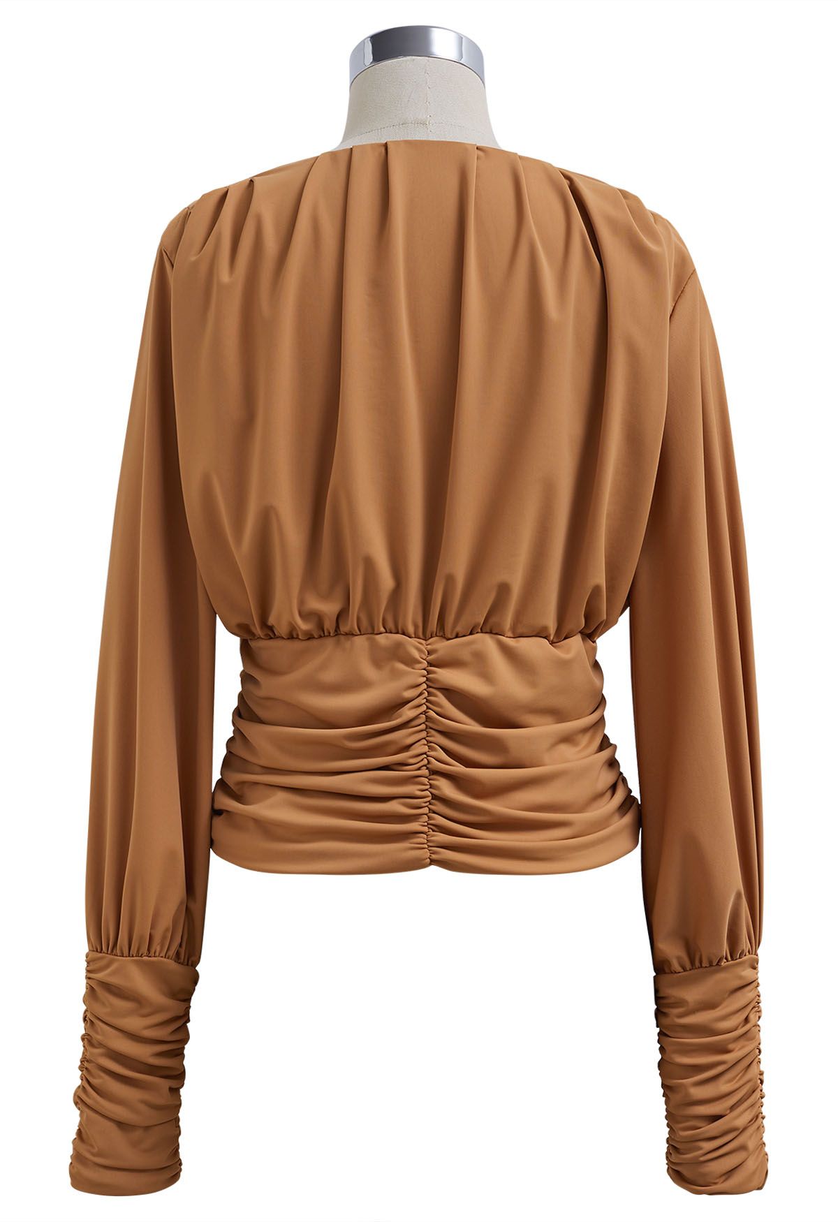 Tender Ruched Detail Faux Wrap Top in Caramel