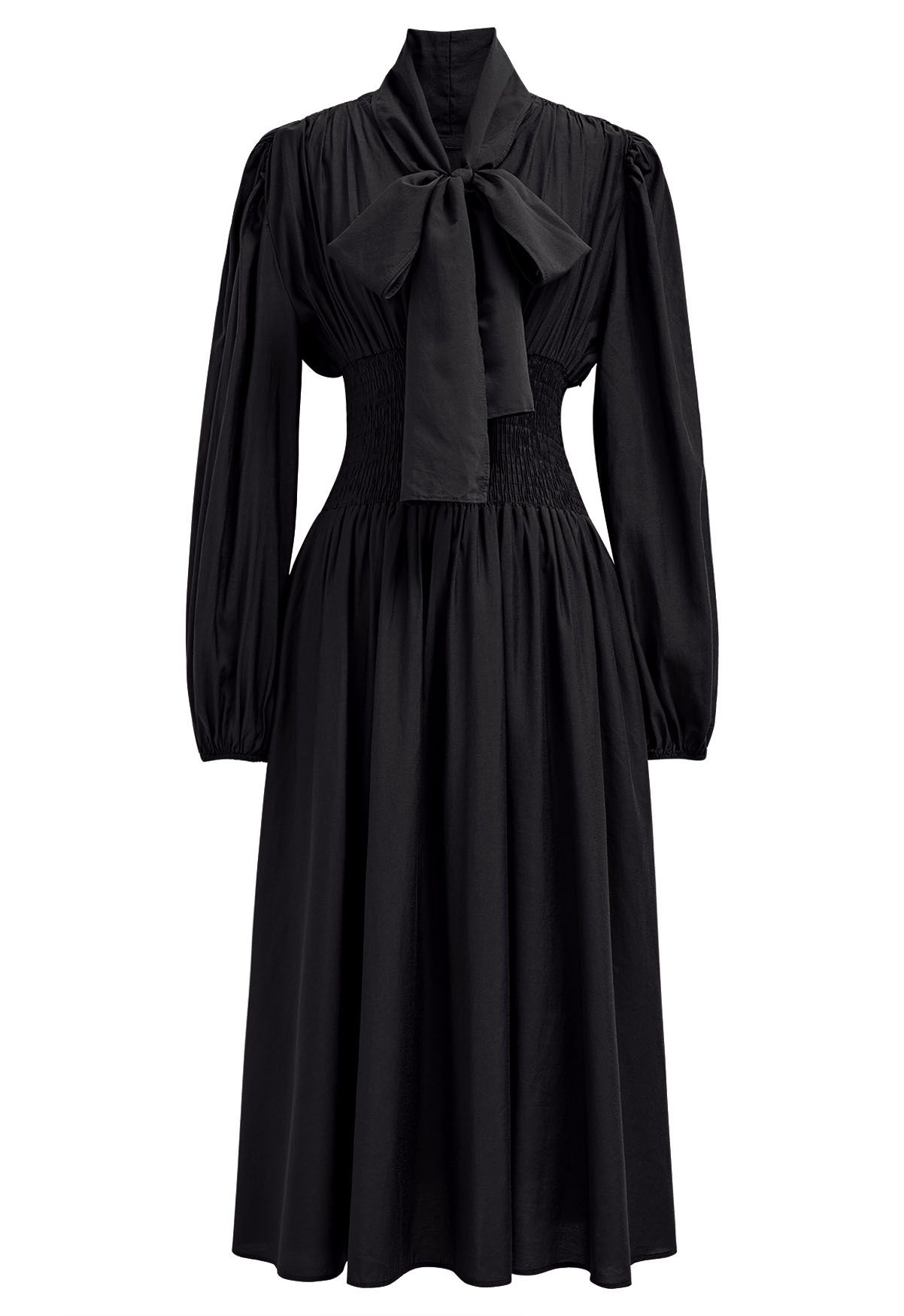 Self-Tie Bowknot Neckline Puff Sleeves Midi Dress in Black - Retro ...
