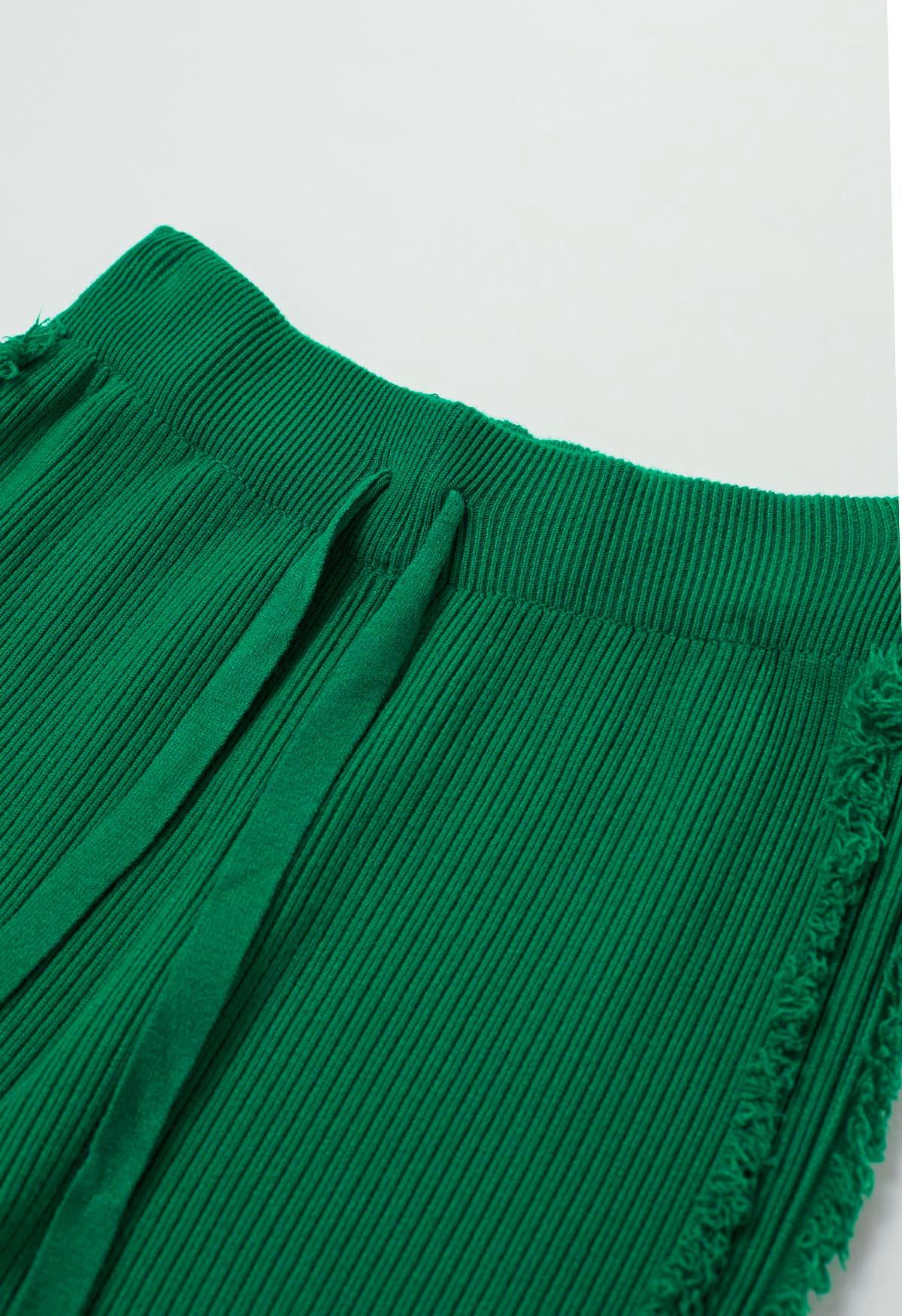 Side Tassel Trim Straight-Leg Knit Pants in Green