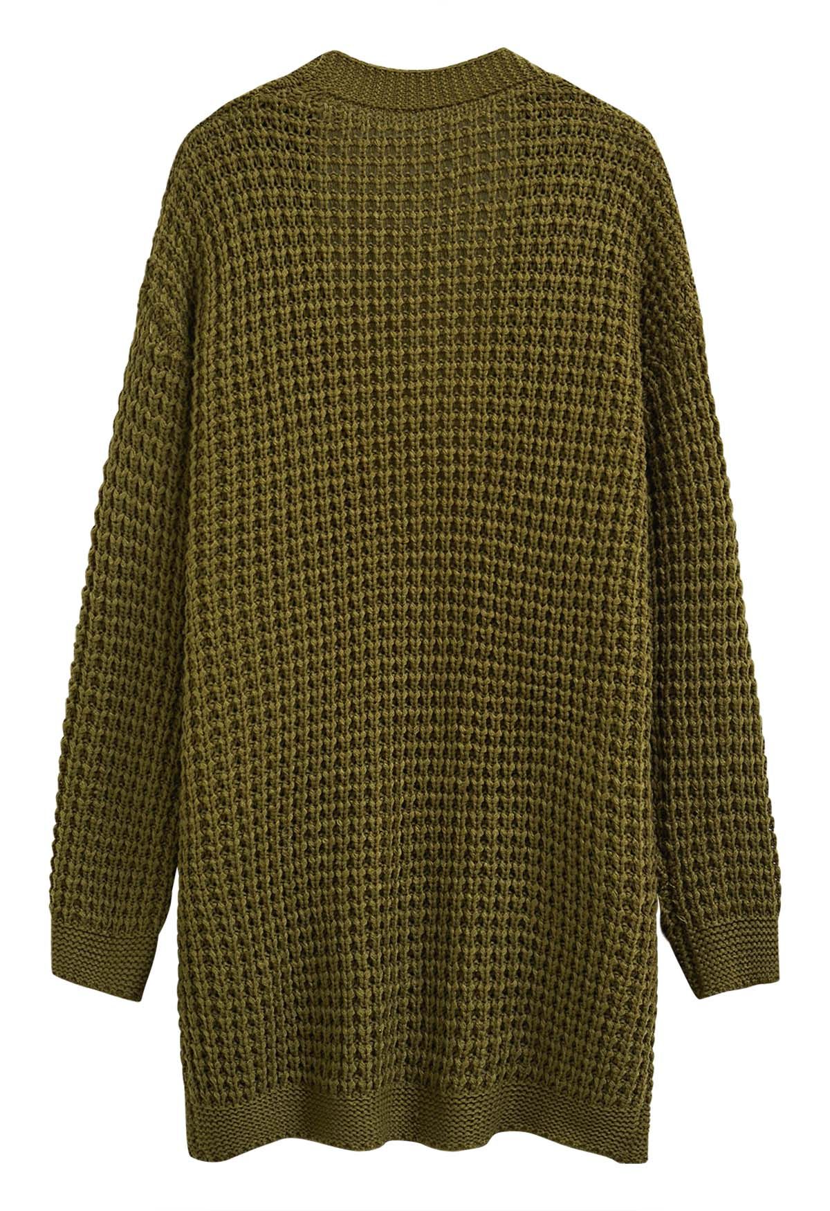 Batwing-Sleeve Pockets Waffle Knit Cardigan in Olive