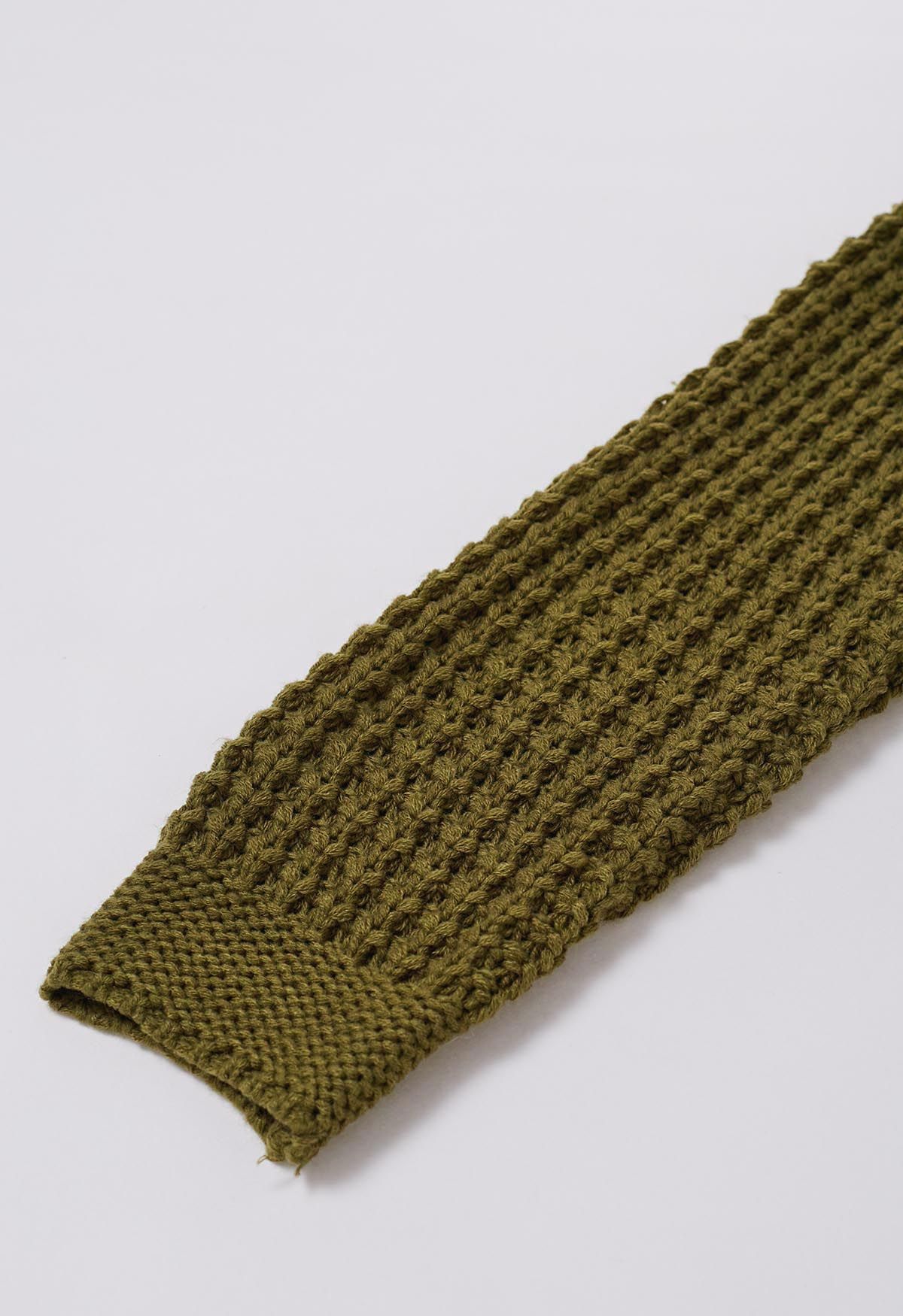 Batwing-Sleeve Pockets Waffle Knit Cardigan in Olive