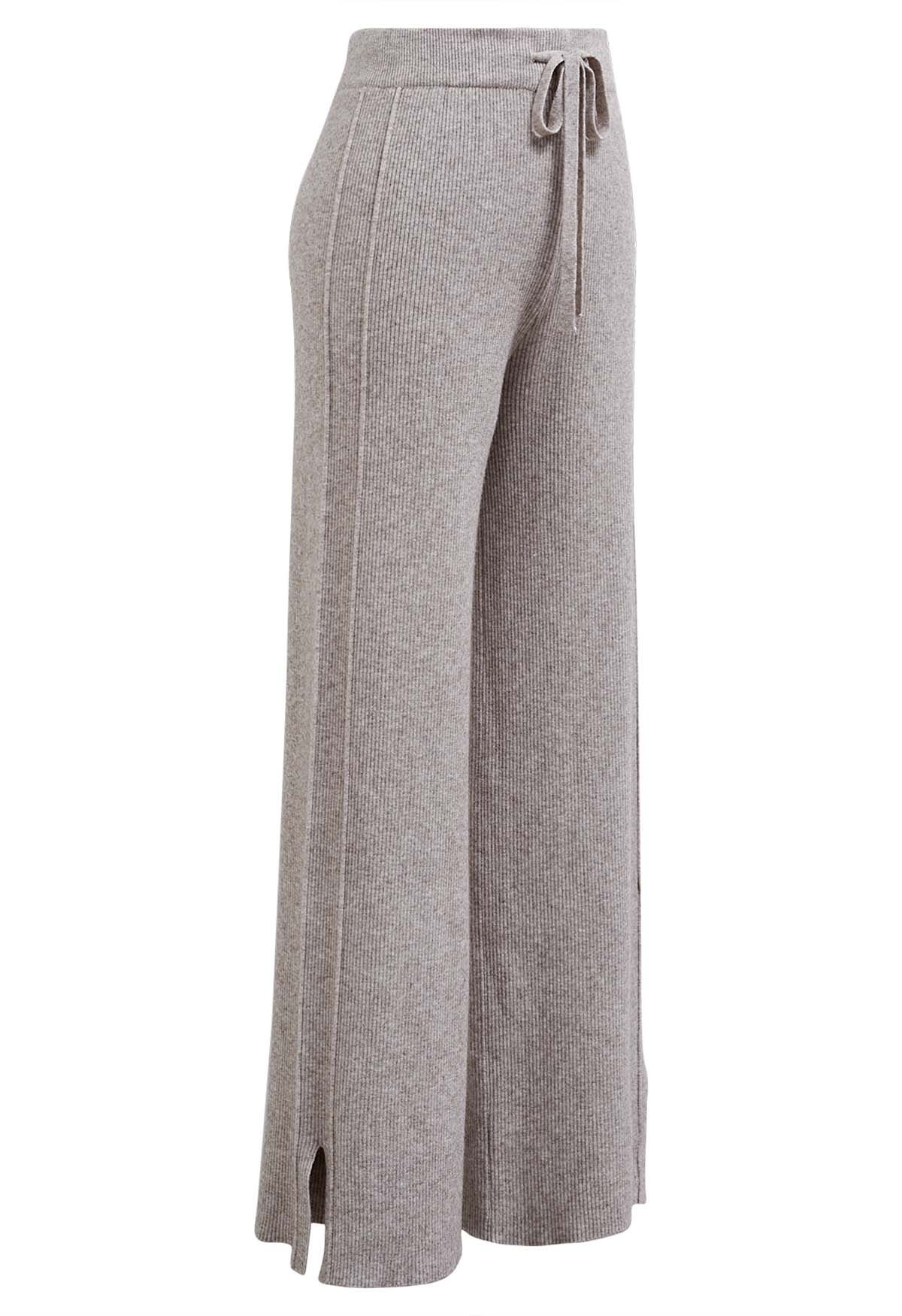 Drawstring Waist Side Slit Knit Pants in Taupe