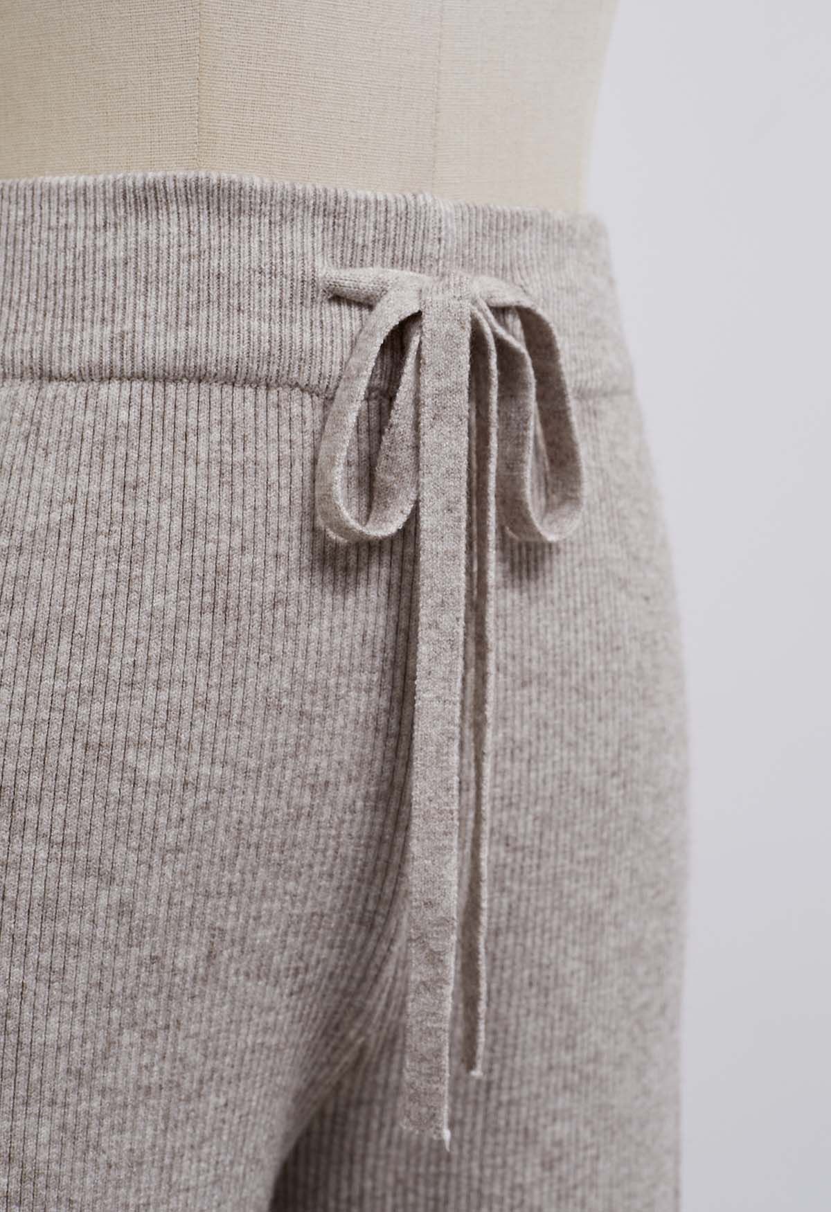Drawstring Waist Side Slit Knit Pants in Taupe