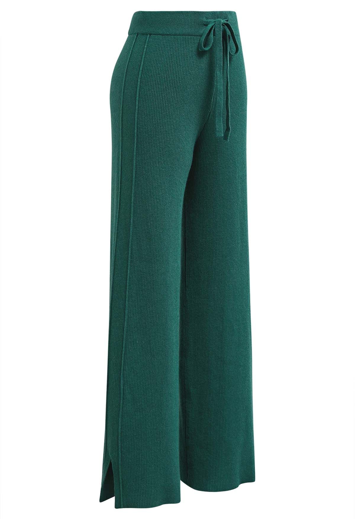Drawstring Waist Side Slit Knit Pants in Dark Green