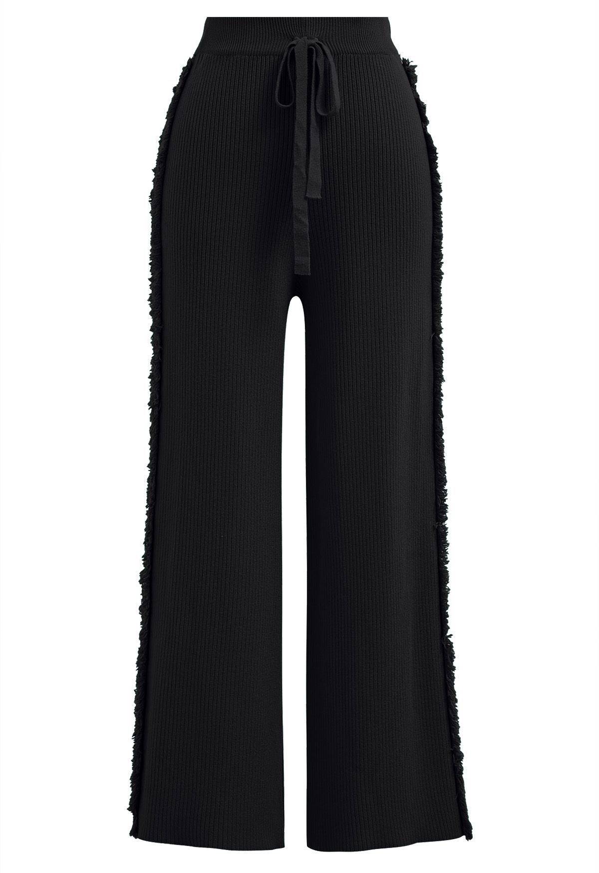 Side Tassel Trim Straight-Leg Knit Pants in Black