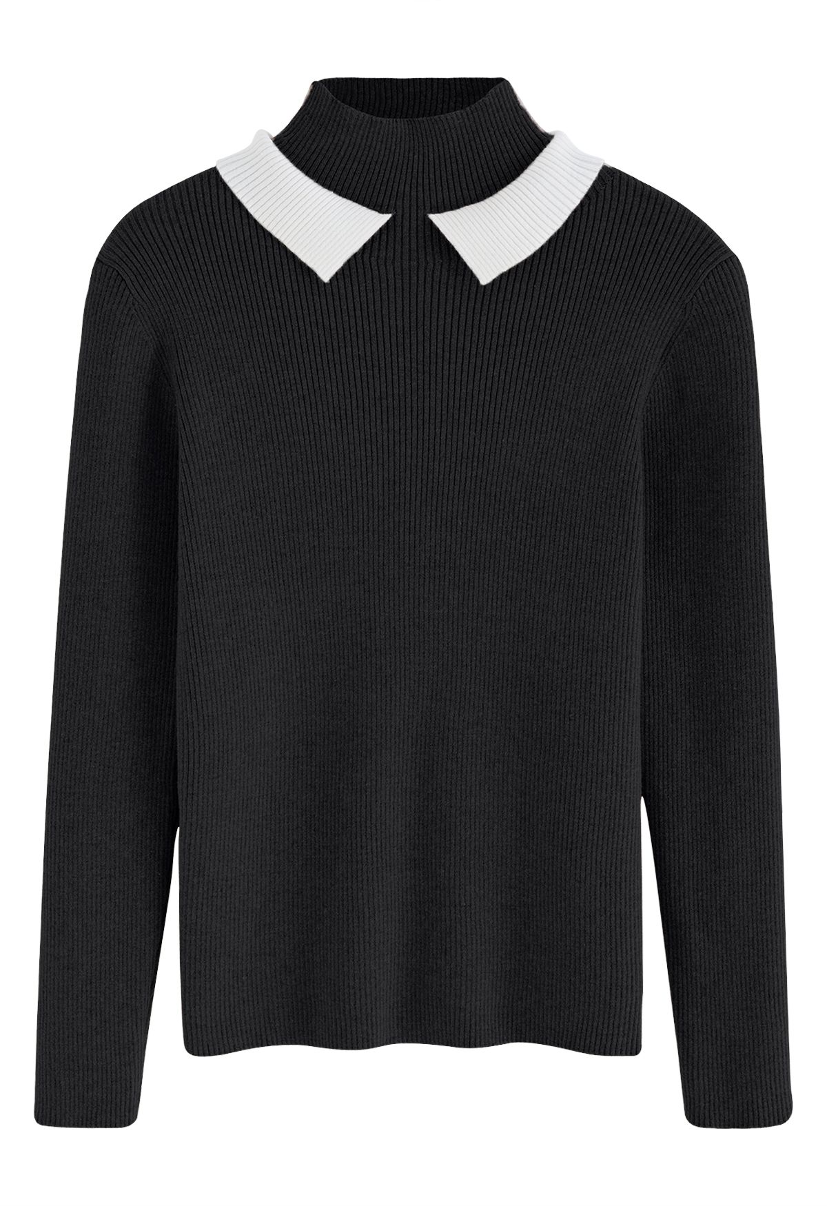 Contrast Doll Collar Mock Neck Knit Top in Black