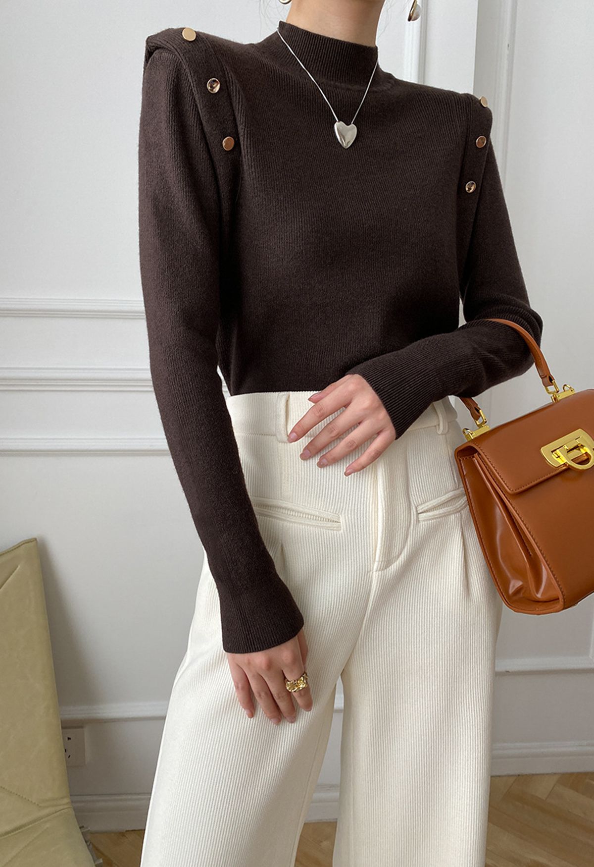 Buttons Embellished Mock Neck Knit Top in Brown