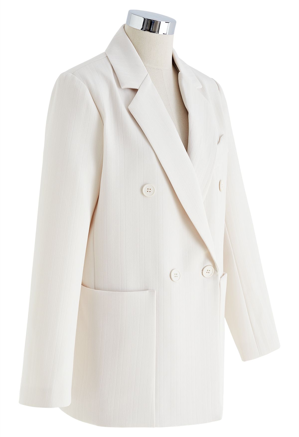 Solid Color Textured Double-Breasted Blazer in Ivory