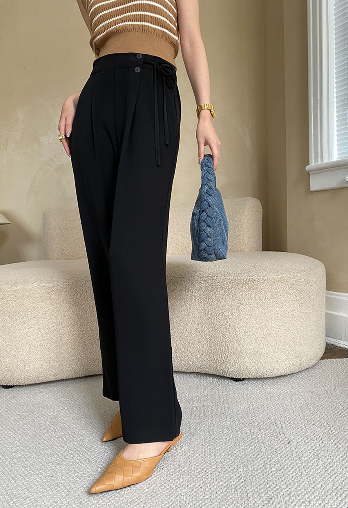 Side Drawstring Pleated Straight Leg Pants in Black - Retro, Indie and ...