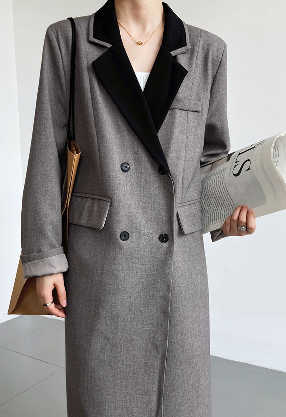 Contrast Notched Lapel Longline Coat in Grey - Retro, Indie and Unique ...
