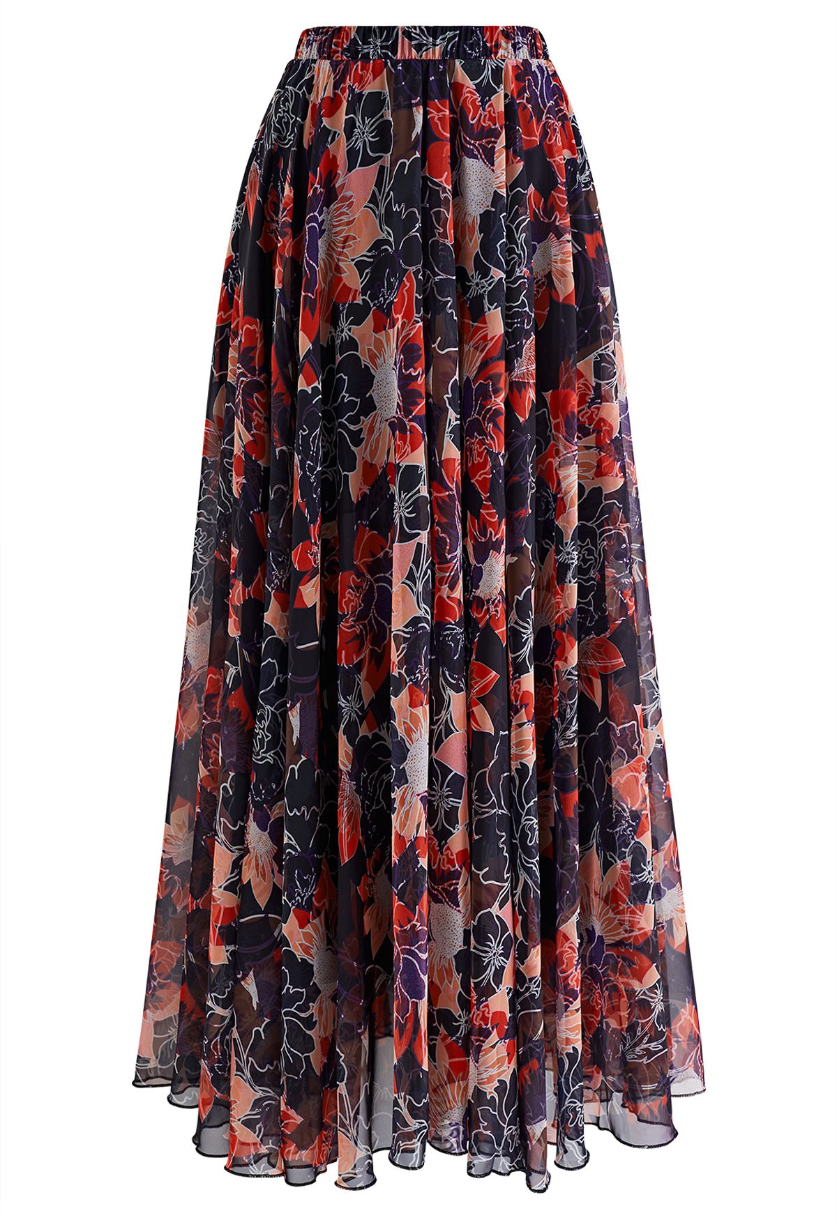 Fully Bloomed Red Floral Chiffon Maxi Skirt - Retro, Indie and Unique ...