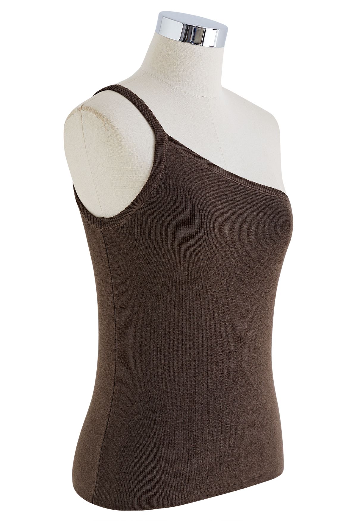 Strappy One-Shoulder Knit Tank Top in Brown
