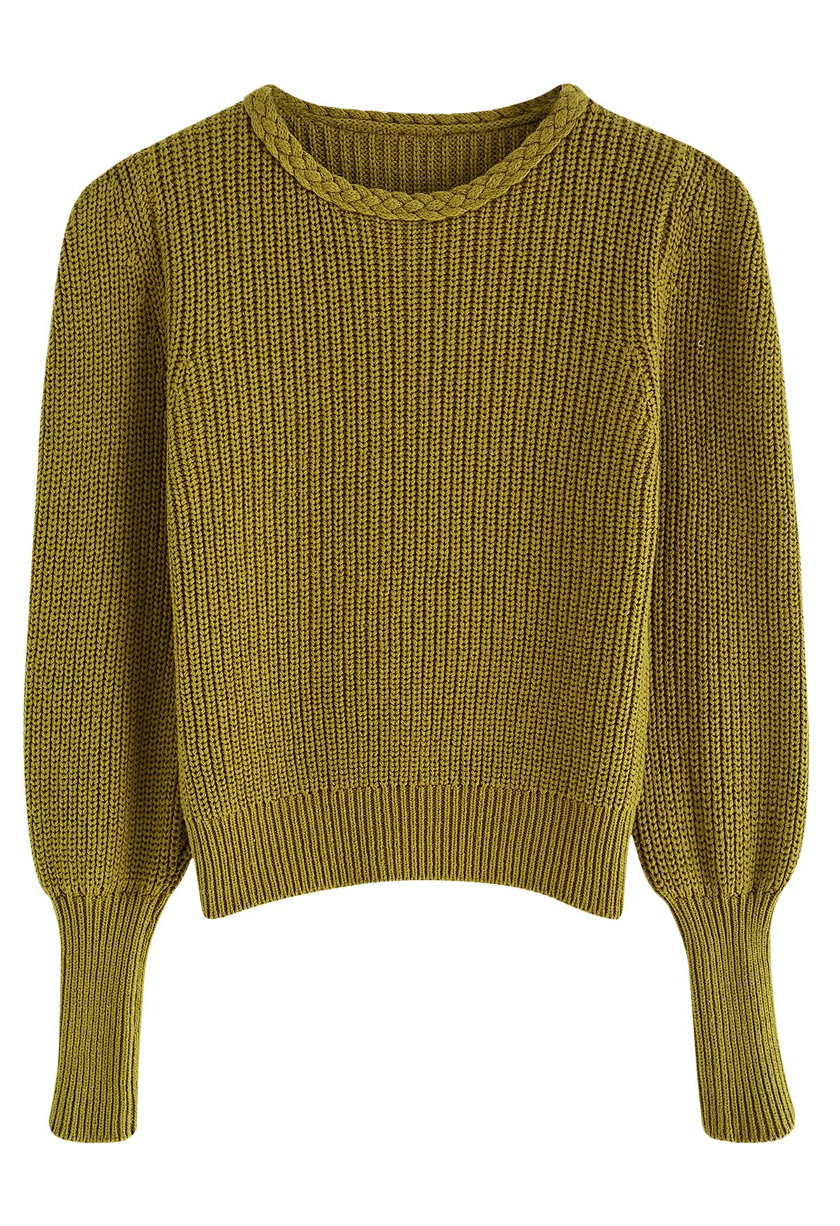 Braided Neck Puff Sleeve Rib Knit Top in Moss Green